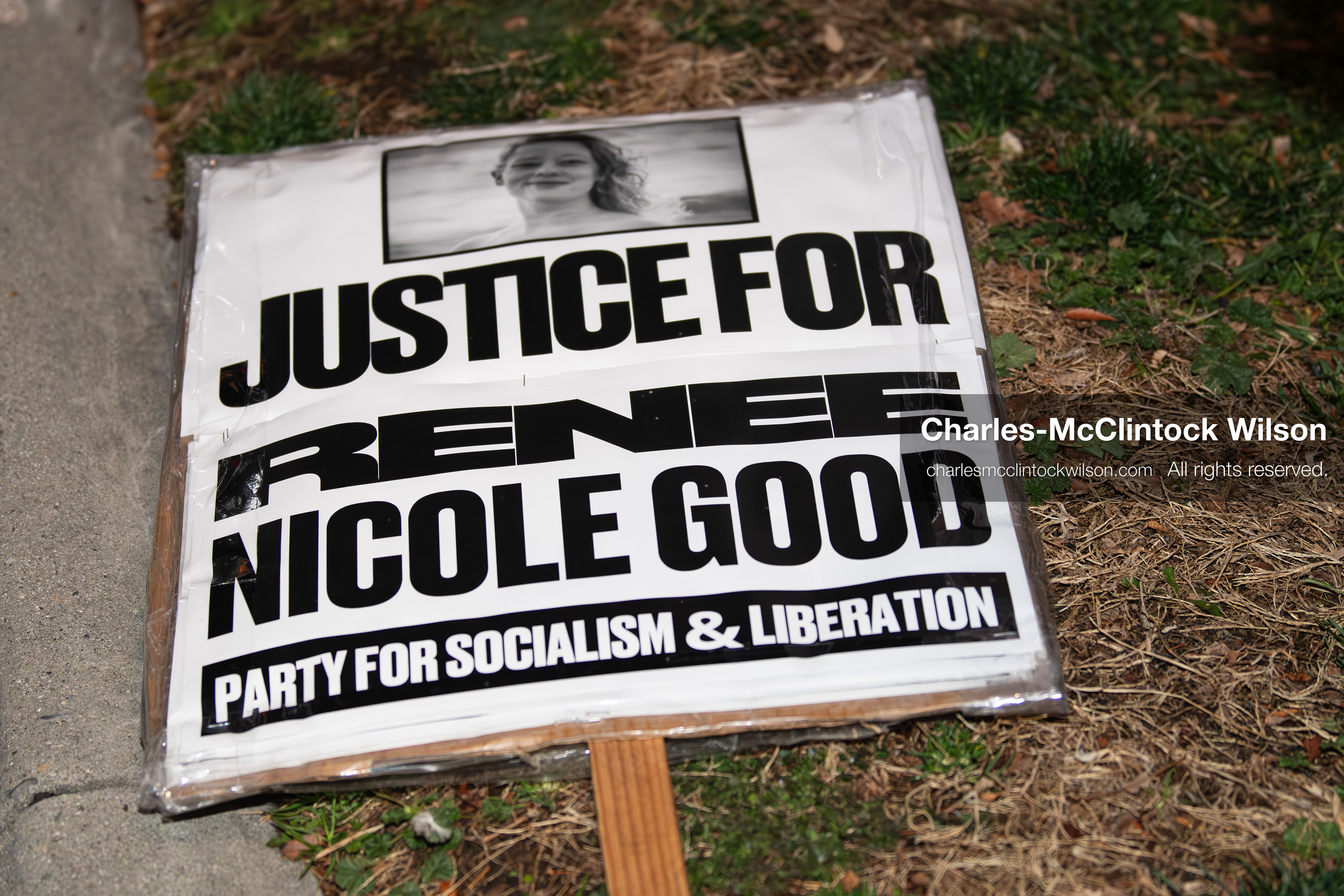 January 8, 2026, Salt Lake City, Utah, USA: A protest sign calling for justice for Renee Nicole Good lies on the ground at Pioneer Park in Salt Lake City Utah during an anti ICE demonstration on Jan 8 2026. The rally followed the death of Renee Nicole Good during an encounter with immigration authorities in Minneapolis and drew hundreds calling for accountability and changes to enforcement practices. (Credit Image: © Charles-McClintock Wilson/ZUMA Press Wire)