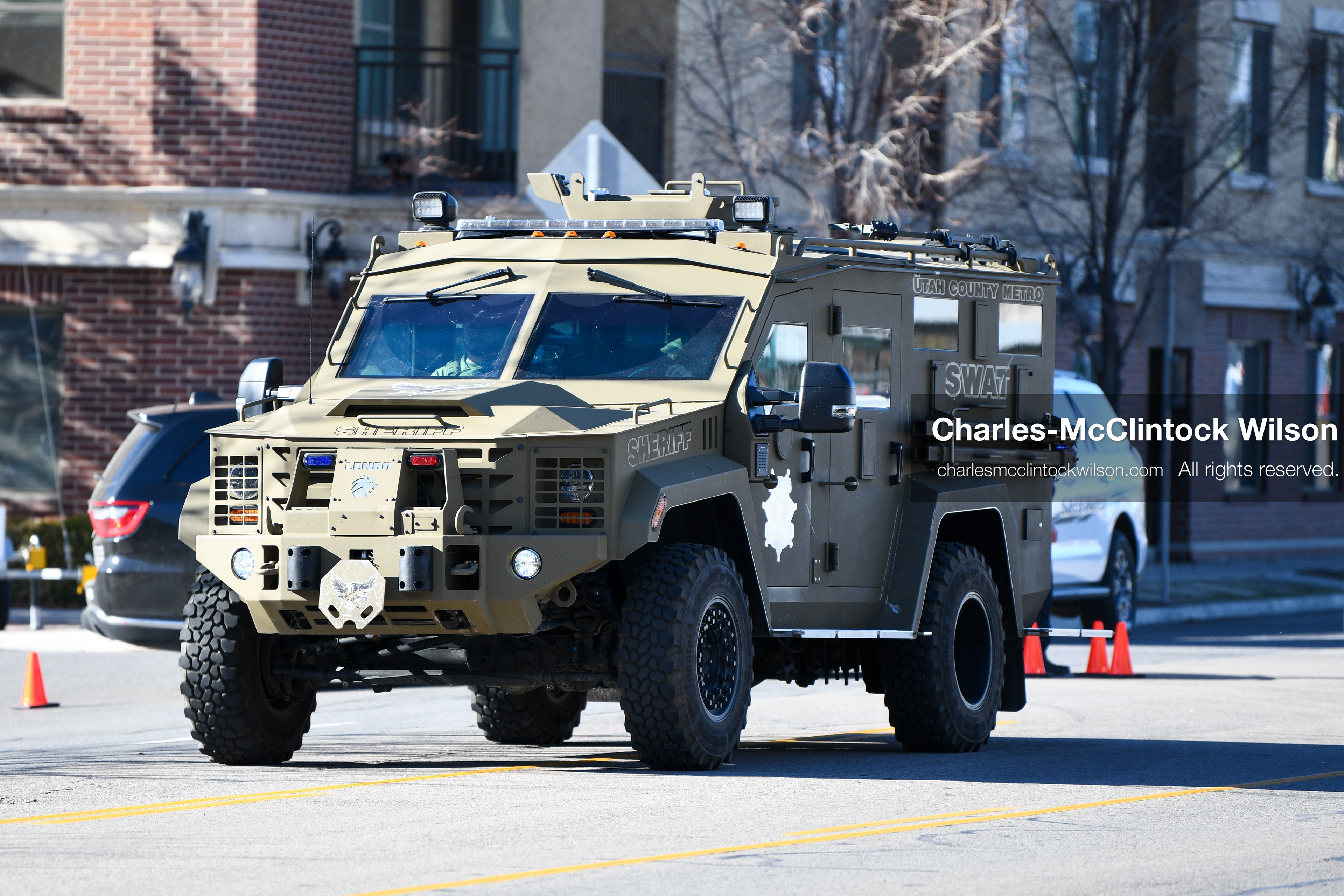 PROVO, UTAH, USA – DECEMBER 11, 2025: An armored vehicle marked SWAT arrives outside the Fourth District Court in Provo, Utah, transporting Tyler Robinson for his first in‑person court appearance in the Charlie Kirk murder case. (Credit Image: © Charles‑McClintock Wilson/ZUMA Press Wire)