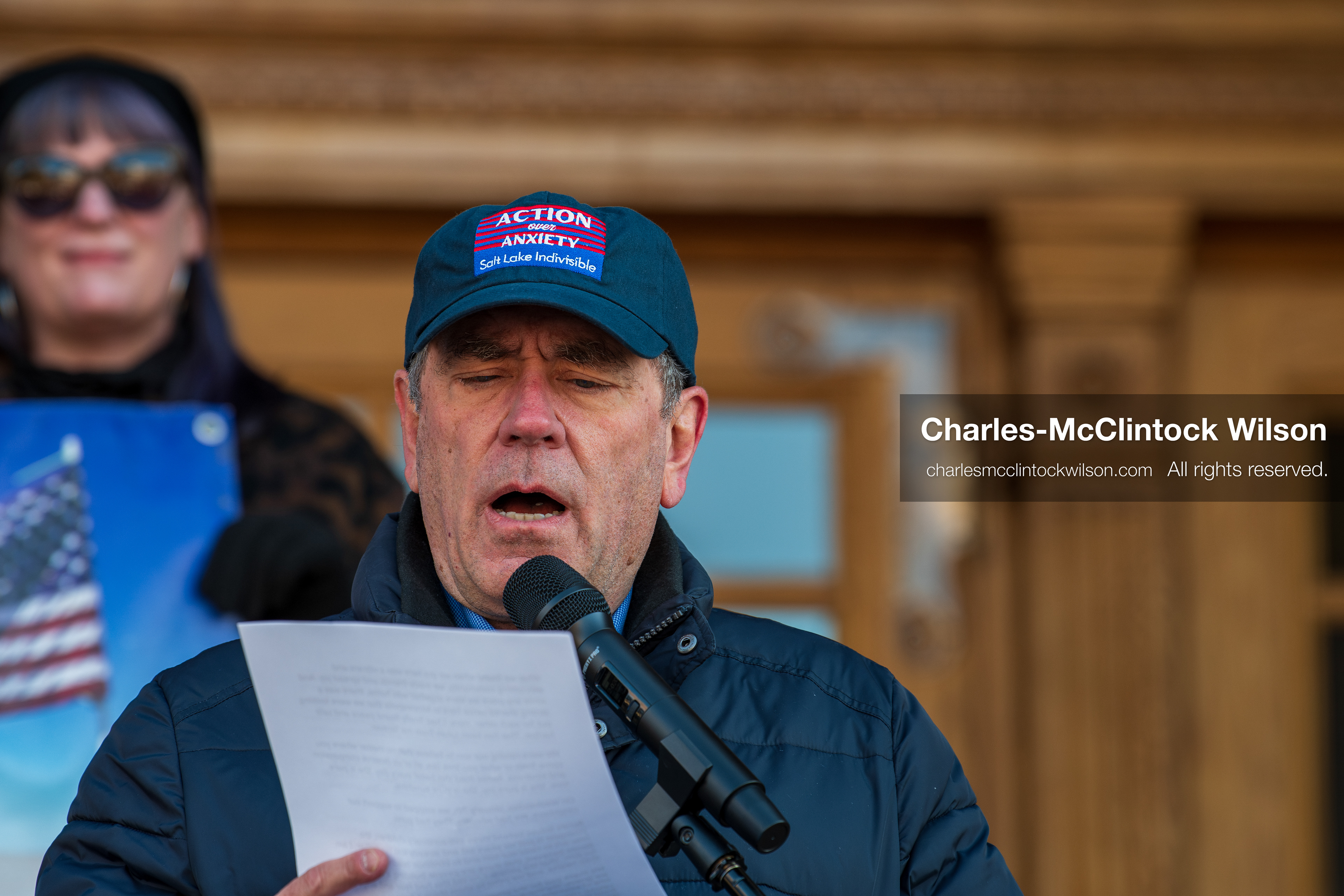 Salt Lake City, Utah, January 10, 2026: A speaker reads a statement written by Rebeca Good, wife of Renee Nicole Good, during the ICE Out for Good protest at Washington Square Park. The demonstration called for justice following Renee Nicole Good’s death during an encounter with immigration authorities. (Credit Image: © Charles‑McClintock Wilson/ZUMA Press Wire)