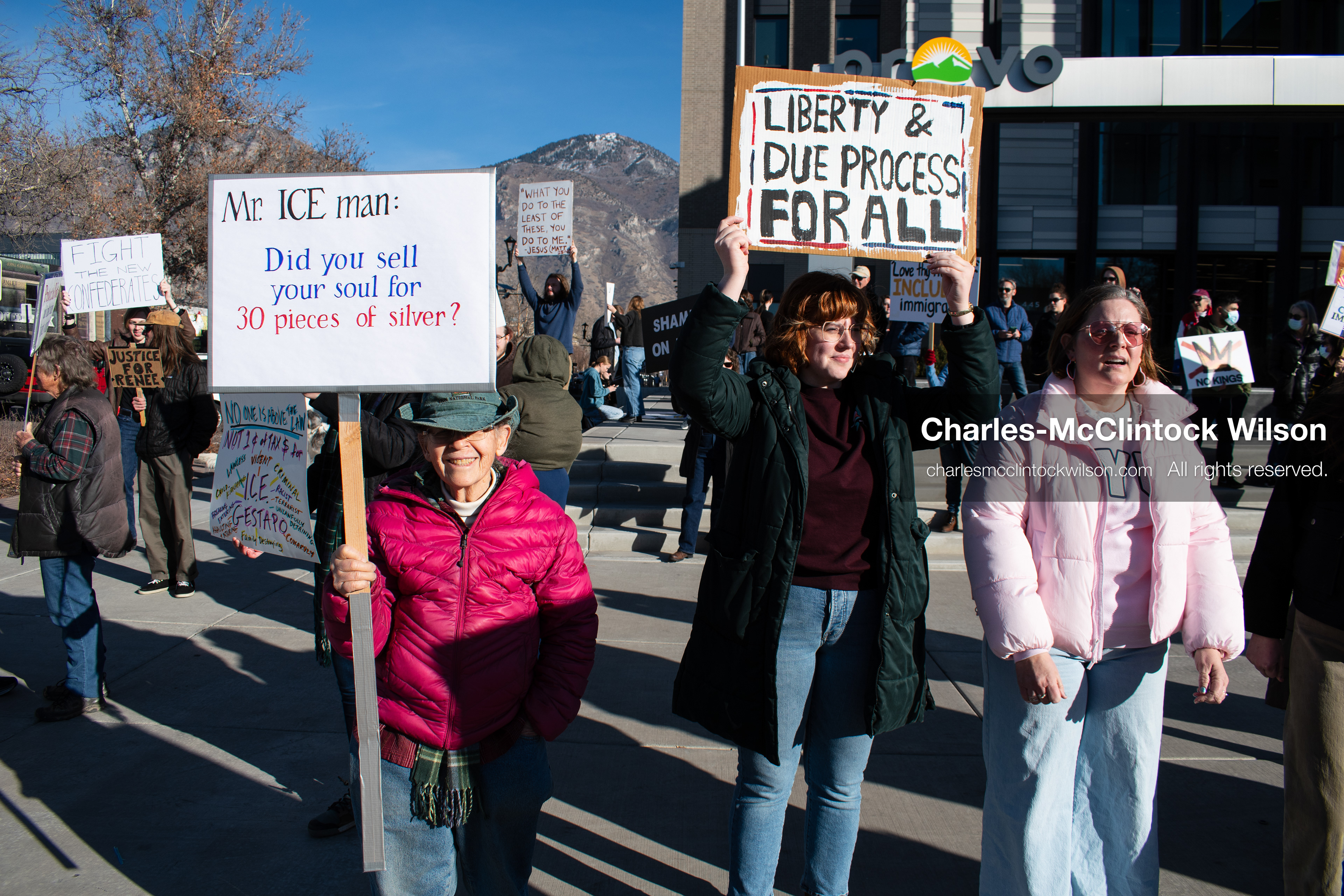 January 20, 2026, Provo, Utah, USA: Protesters gather outside Provo City Hall during the Free America Walkout protest in Provo, Utah, on January 20, 2026. Demonstrators held signs calling for justice, immigration reform, and an end to detention practices. (Credit Image: © Charles-McClintock Wilson/ZUMA Press Wire)