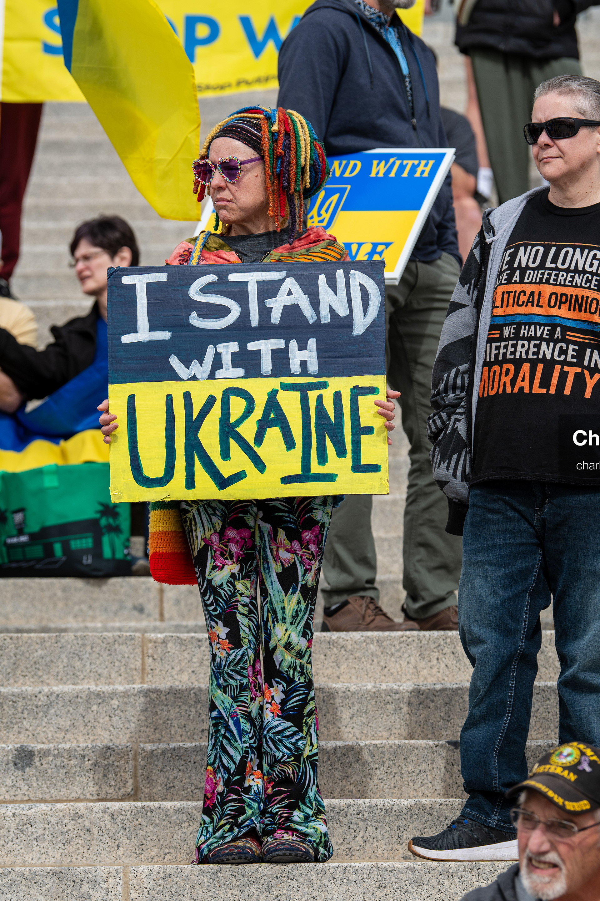 February 28, 2026, Salt Lake City, Utah, USA: A demonstrator holds a sign reading I Stand With Ukraine on the steps of the Utah State Capitol during the Stand With Ukraine rally. The gathering marked the four year anniversary of the full scale Russian invasion of Ukraine and brought community members together in support of Ukrainians and local humanitarian efforts. (Credit Image: © Charles McClintock Wilson/ZUMA Press Wire)
