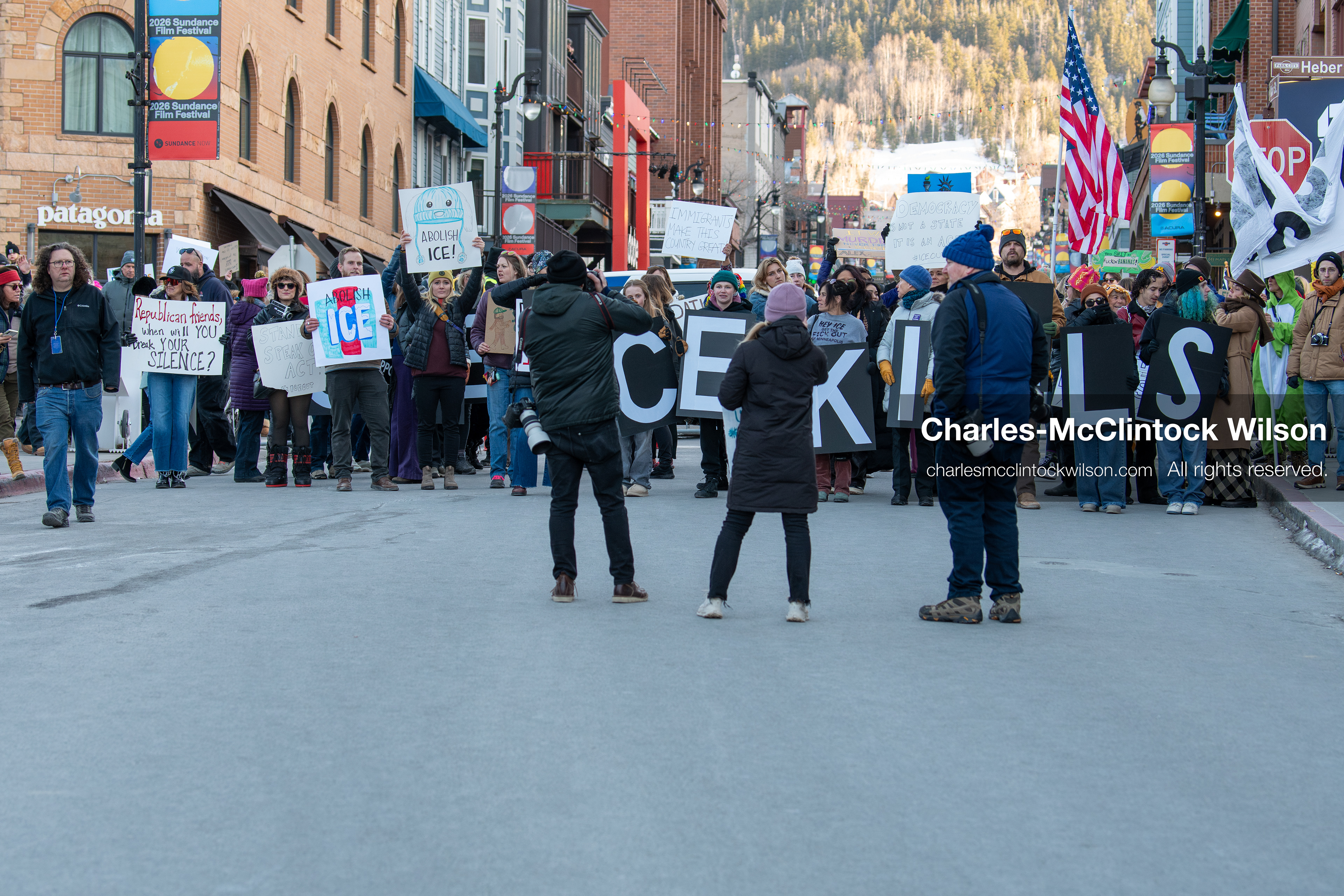January 26, 2026, Park City, Utah, USA: Demonstrators march through Main Street holding signs during a protest opposing U.S. Immigration and Customs Enforcement (I.C.E.) ICE agents at the Sundance Film Festival in Park City, Utah, on Monday, Jan. 26, 2026. The event was held in response to the fatal shooting of Alex Pretti by a U.S. Border Patrol officer in Minneapolis. (Credit Image: © Charles McClintock Wilson/ZUMA Press Wire)