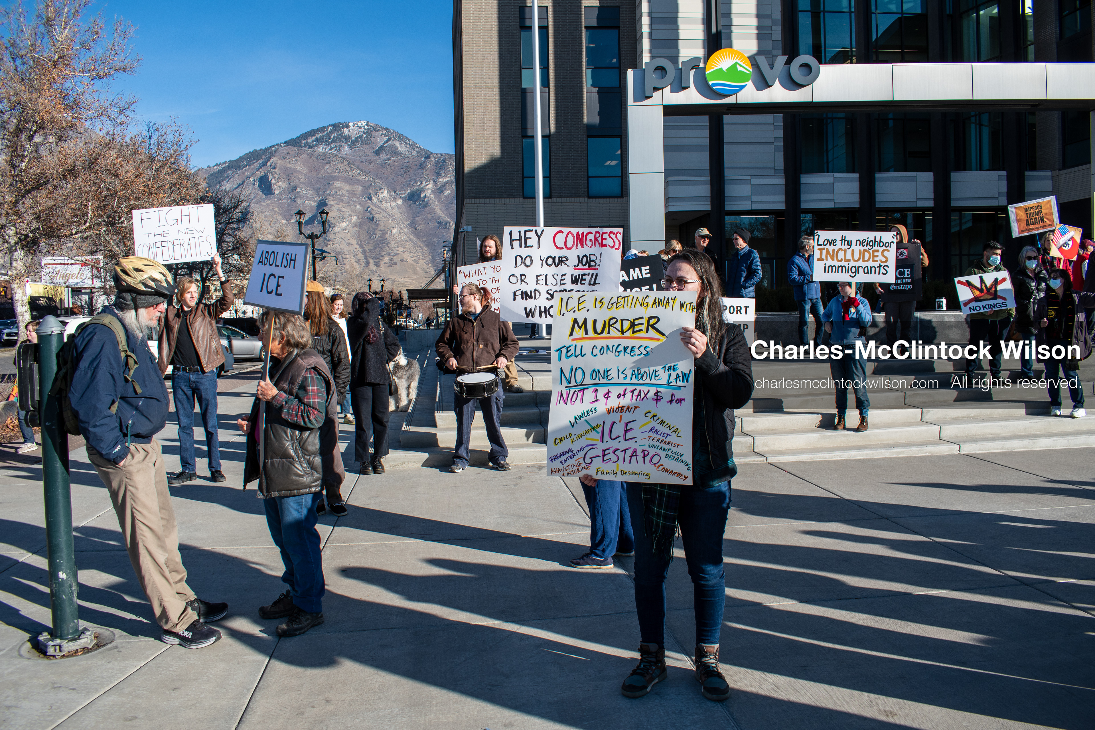 January 20, 2026, Provo, Utah, USA: Protesters gather outside Provo City Hall during the Free America Walkout protest in Provo, Utah, on January 20, 2026. Demonstrators held signs calling for justice, immigration reform, and an end to detention practices. (Credit Image: © Charles-McClintock Wilson/ZUMA Press Wire)