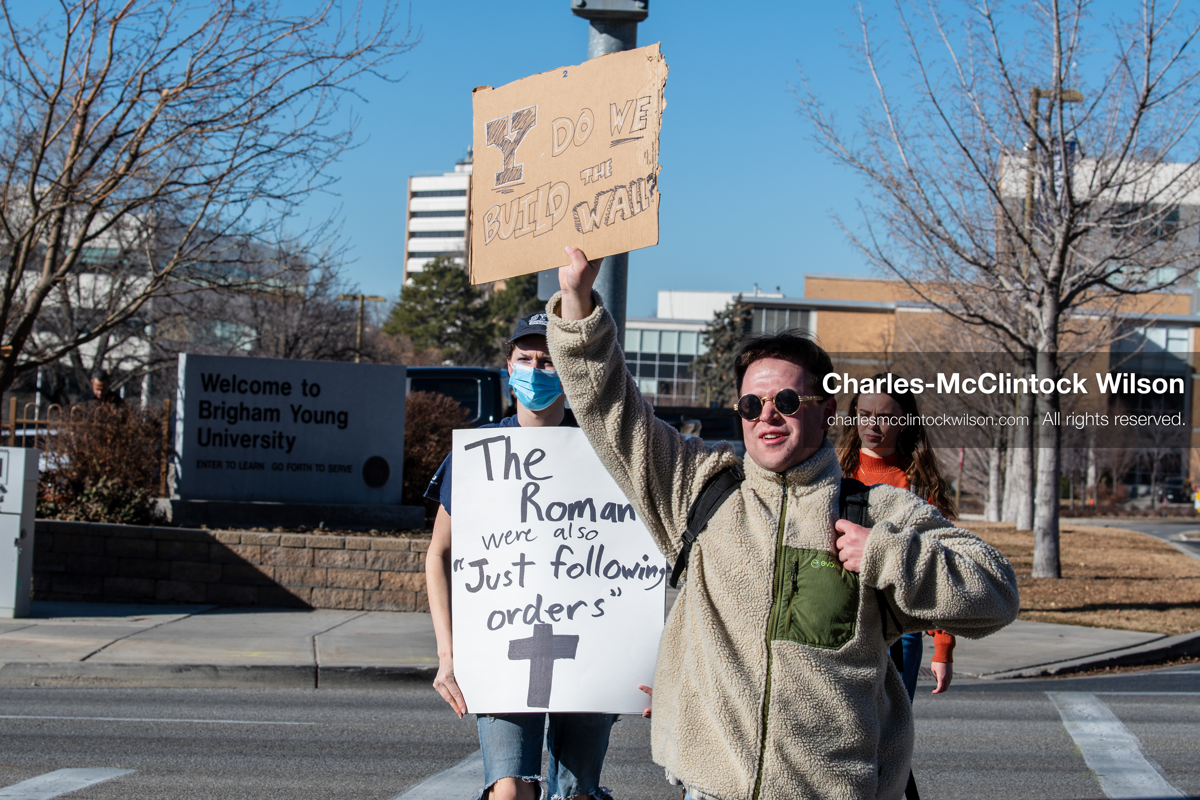  February 5, 2026, Provo, Utah, USA: A demonstrator holds a sign during a gathering near Brigham Young University in Provo where students and community members protested the presence of US Customs and Border Protection recruiters at a career fair held on the BYU campus. (Credit Image: © Charles McClintock Wilson/ZUMA Press Wire)