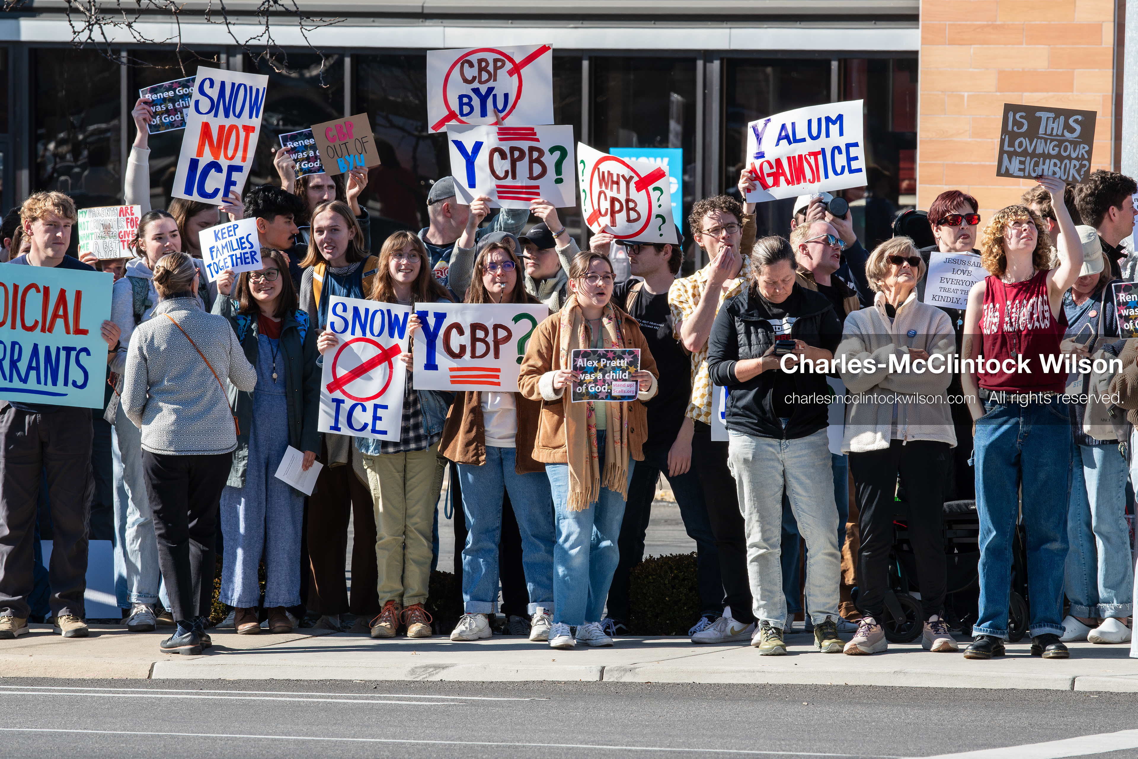 February 5, 2026, Provo, Utah, USA: Students and community members gather near Brigham Young University in Provo to demonstrate against the presence of US Customs and Border Protection recruiters at a career fair held on the BYU campus. (Credit Image: © Charles McClintock Wilson/ZUMA Press Wire)