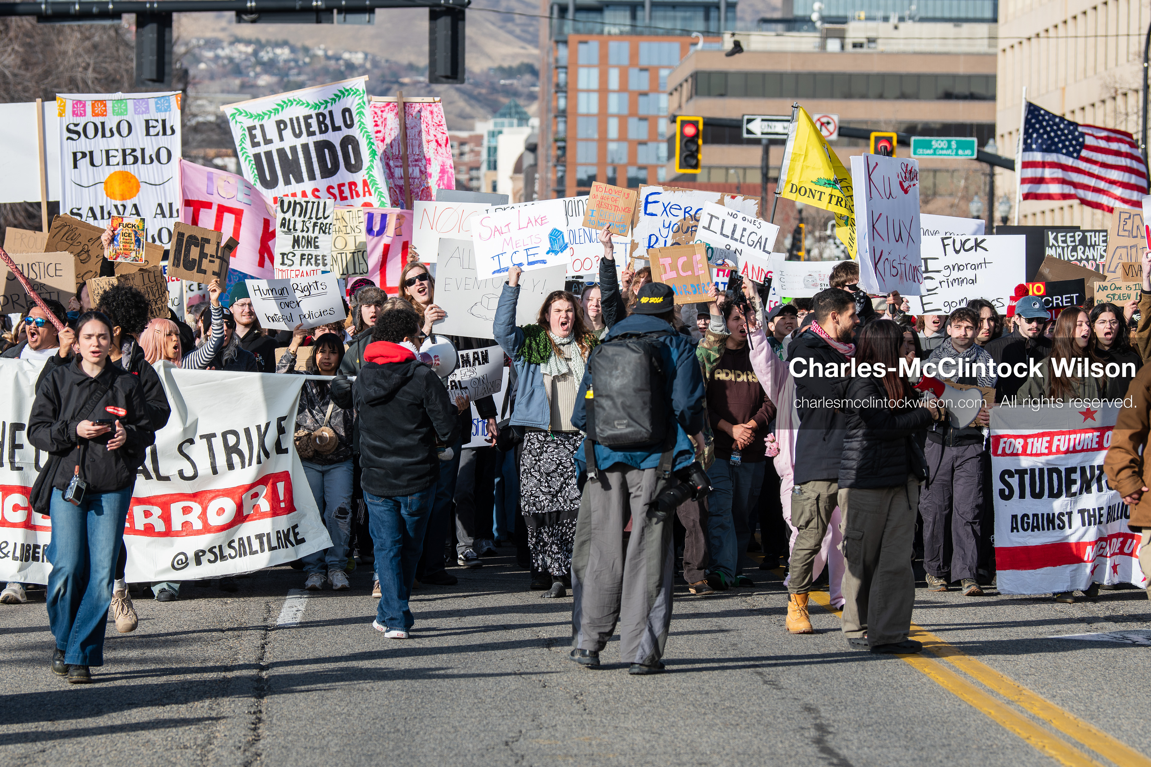 January 30, 2026, Salt Lake City, Utah, USA: Demonstrators march through downtown Salt Lake City during an anti‑ICE protest, part of a nationwide response to immigration enforcement policies. (Credit Image: © Charles‑McClintock Wilson/ZUMA Press Wire)