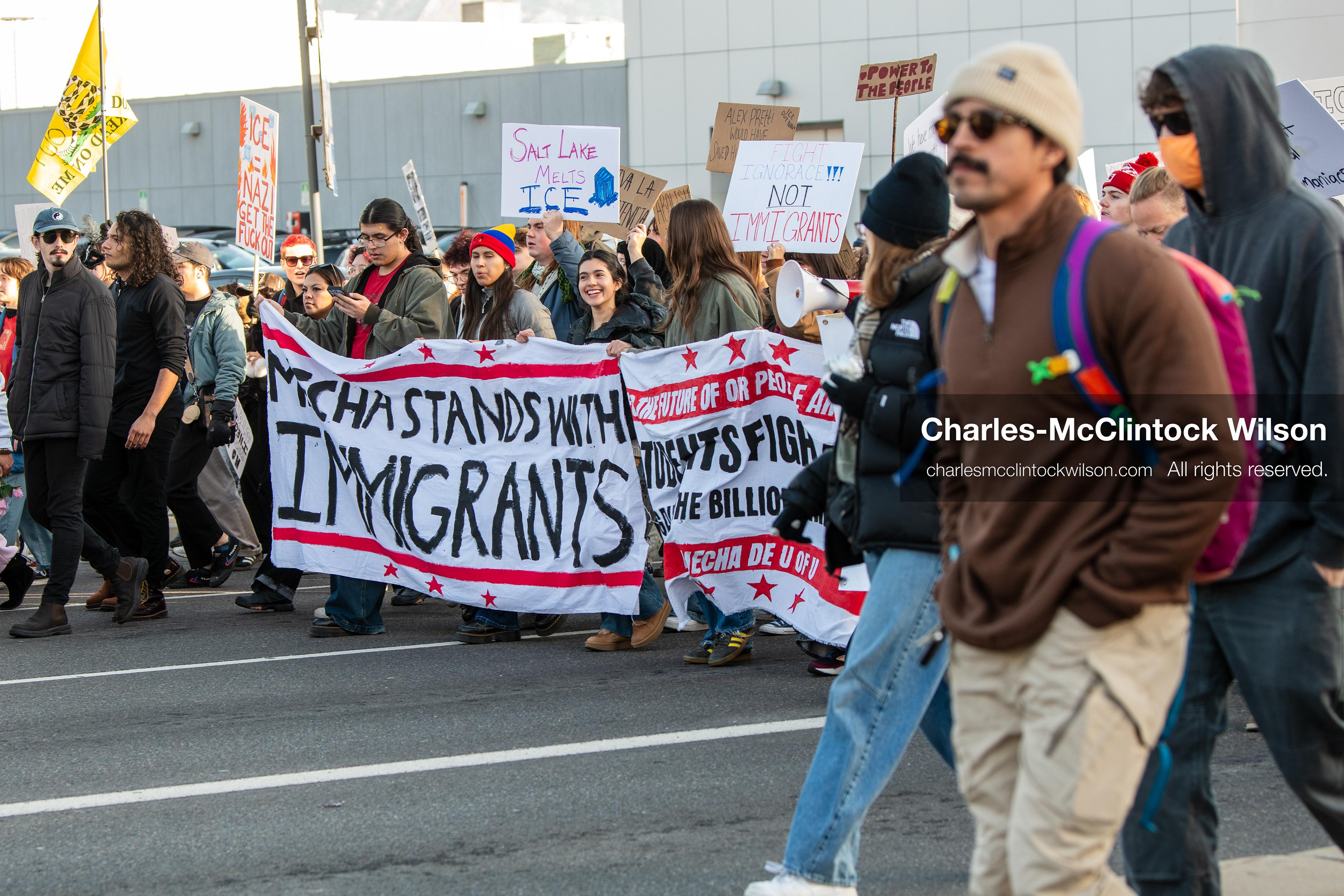 January 30, 2026, Salt Lake City, Utah, USA: Demonstrators march through downtown Salt Lake City during an anti‑ICE protest, part of a nationwide response to immigration enforcement policies. (Credit Image: © Charles‑McClintock Wilson/ZUMA Press Wire)