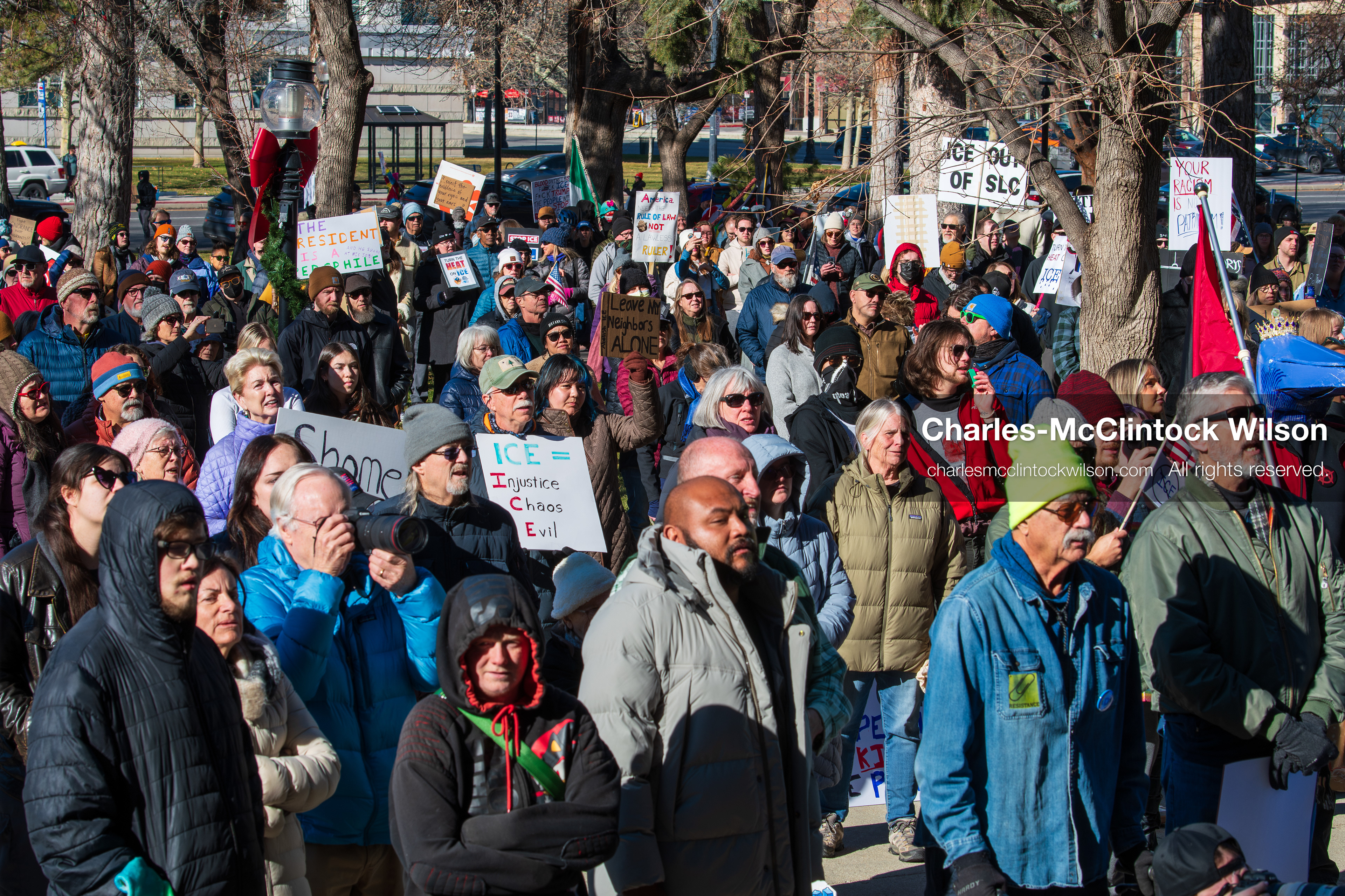 January 10, 2026, Salt Lake City, Utah, USA: Crowd of demonstrators gathered at Washington Square Park during the ICE Out for Good protest in Salt Lake City, Utah, on January 10, 2026, a demonstration against ICE and calling for justice for Renee Nicole Good. (Credit Image: © Charles-McClintock Wilson/ZUMA Press Wire)