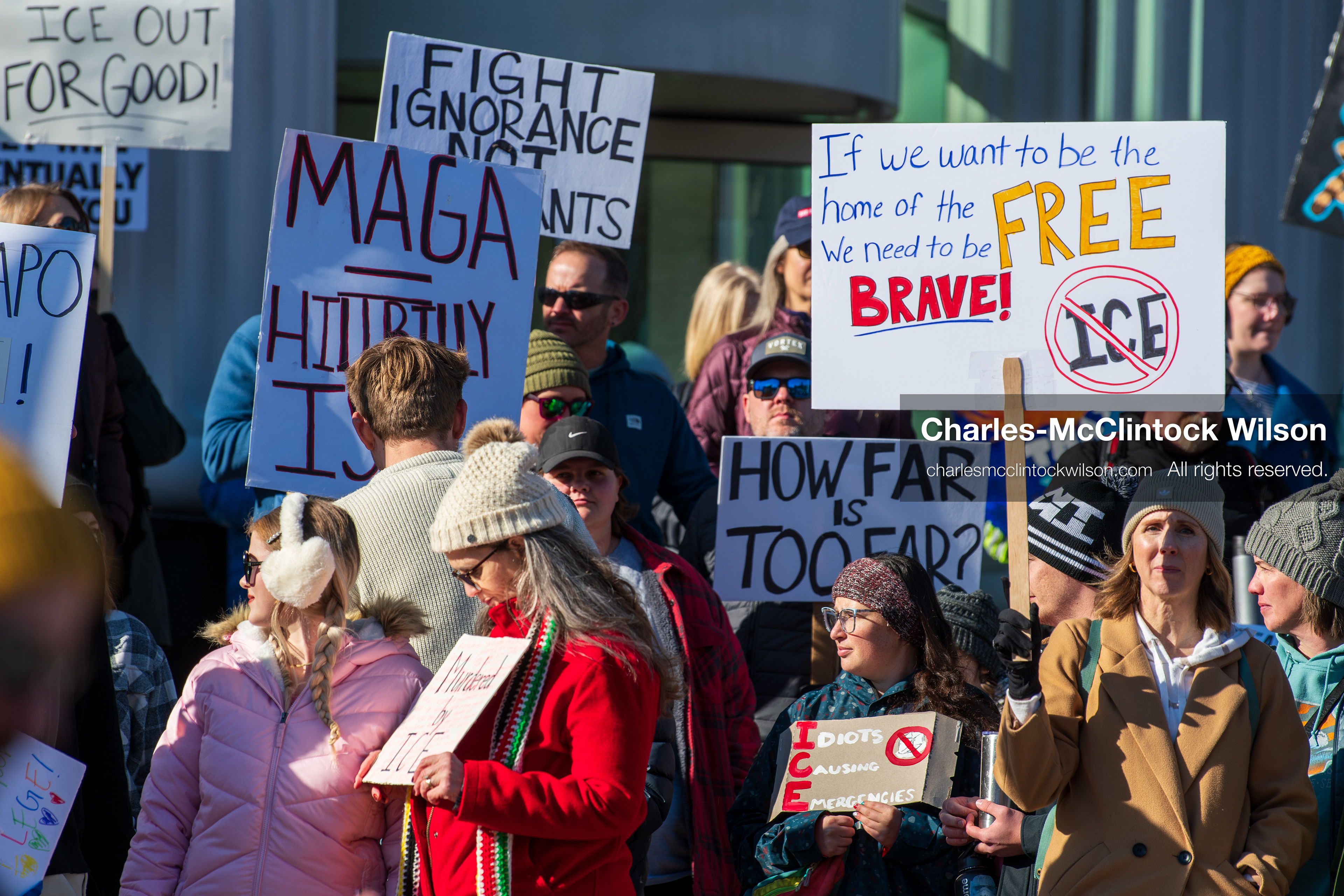 Salt Lake City, Utah, January 10, 2026: Demonstrators gather on the steps of the Scott M. Matheson Courthouse during the ICE Out for Good protest, calling for justice for Renee Nicole Good and holding signs and American flags as part of a coordinated demand for immigration reform and accountability. (Credit Image: © Charles‑McClintock Wilson/ZUMA Press Wire)