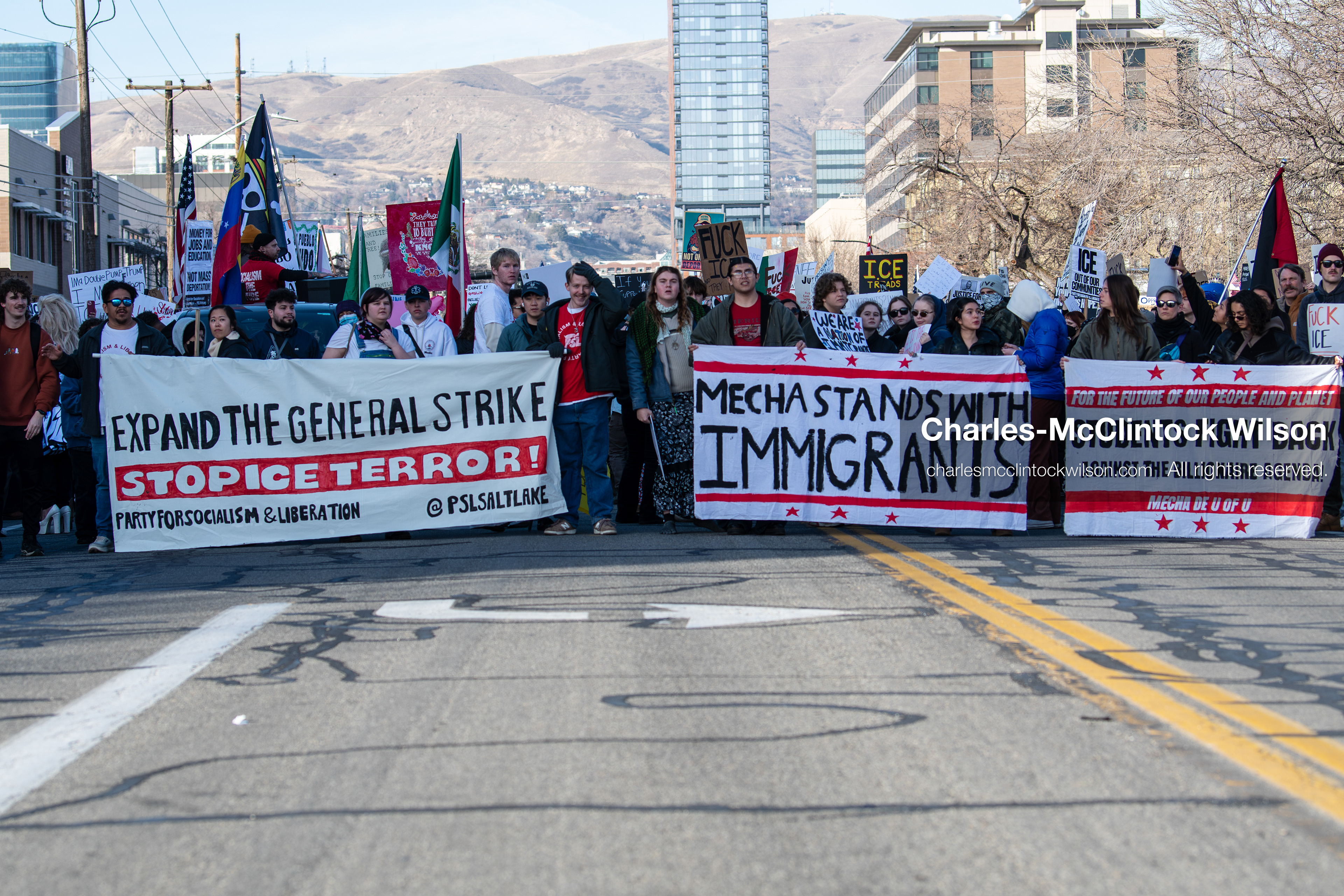 January 30, 2026, Salt Lake City, Utah, USA: Demonstrators march with banners and signs during an anti‑ICE protest in Salt Lake City, Utah, part of a nationwide response to immigration enforcement policies. (Credit Image: © Charles‑McClintock Wilson/ZUMA Press Wire)