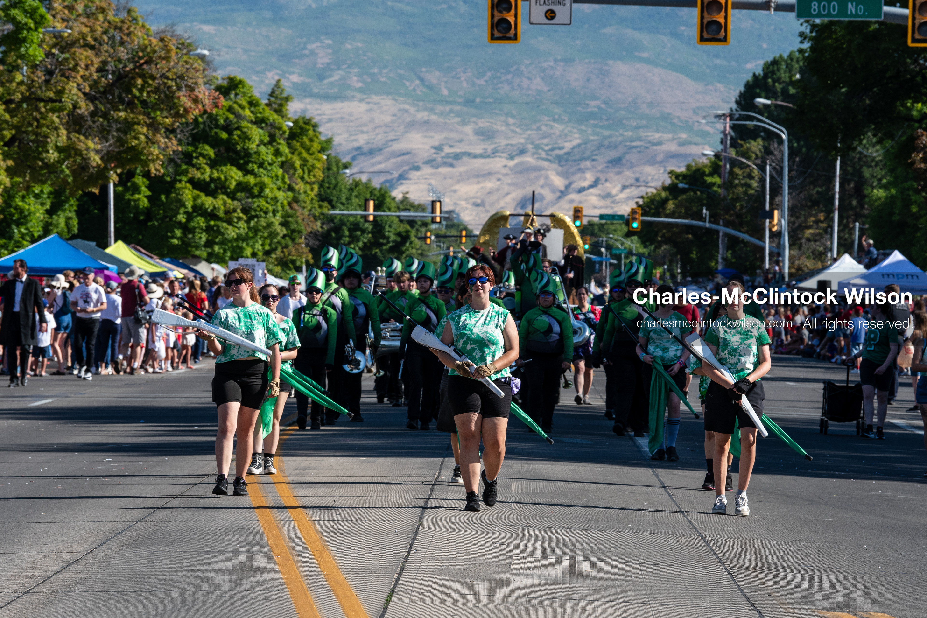 July 4, 2026, Provo, Utah, USA: Members of a high school marching band dressed in maroon and black uniforms play brass instruments while marching down the street during America's Freedom Festival Grand Parade in Provo, Utah, Saturday, July 4, 2026. The annual Independence Day event features expanded programming to honor the 250th anniversary of United States independence. (Credit Image: © Charles-McClintock Wilson/ZUMA Press Wire)