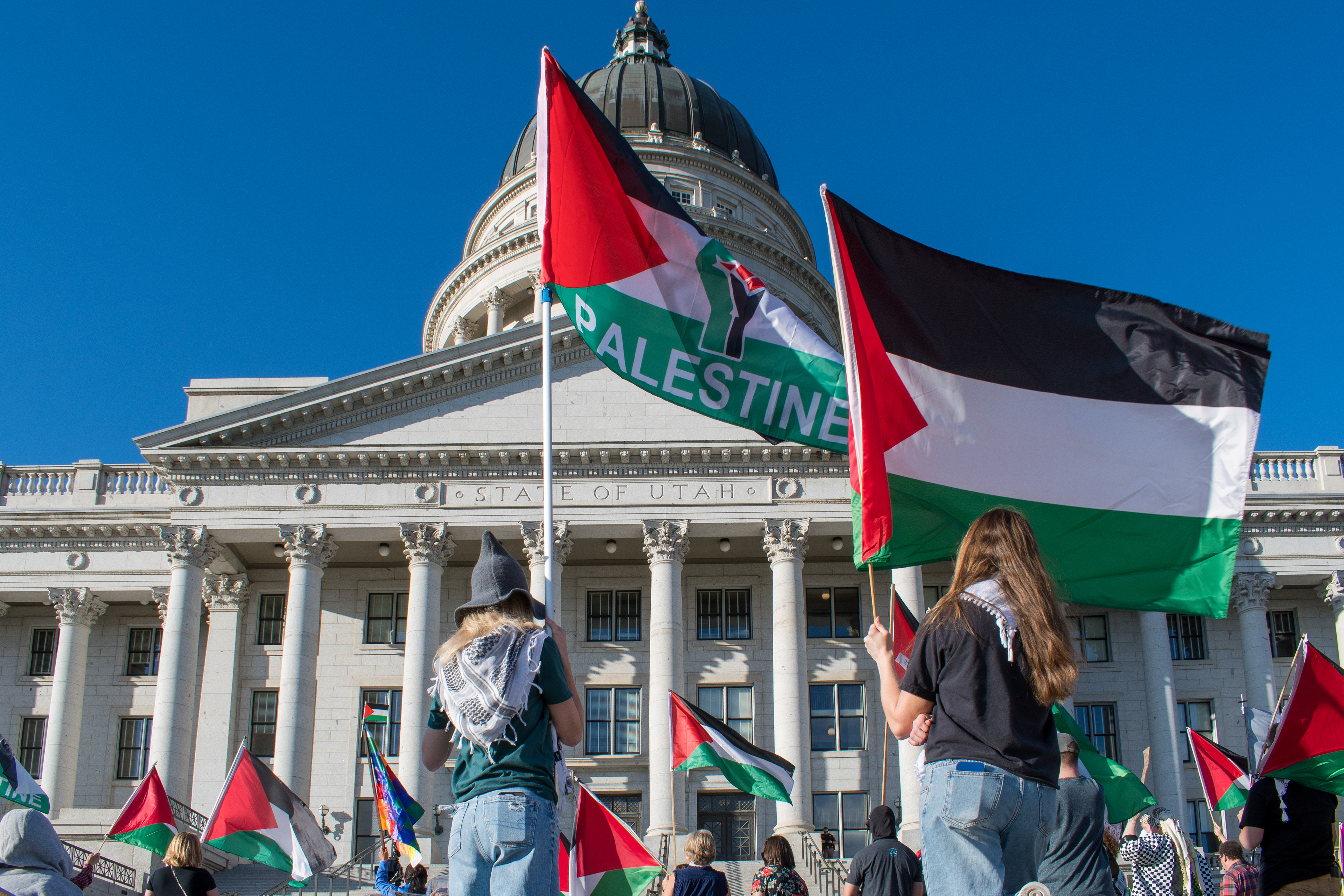 October 10, 2025, Salt Lake City, Utah, USA: Pro-Palestine demonstrators gather in front of the Utah State Capitol during the Free Palestine Rally. Participants hold flags and signs as part of the public demonstration. (Credit Image: © Charles-McClintock Wilson/ZUMA Press Wire)