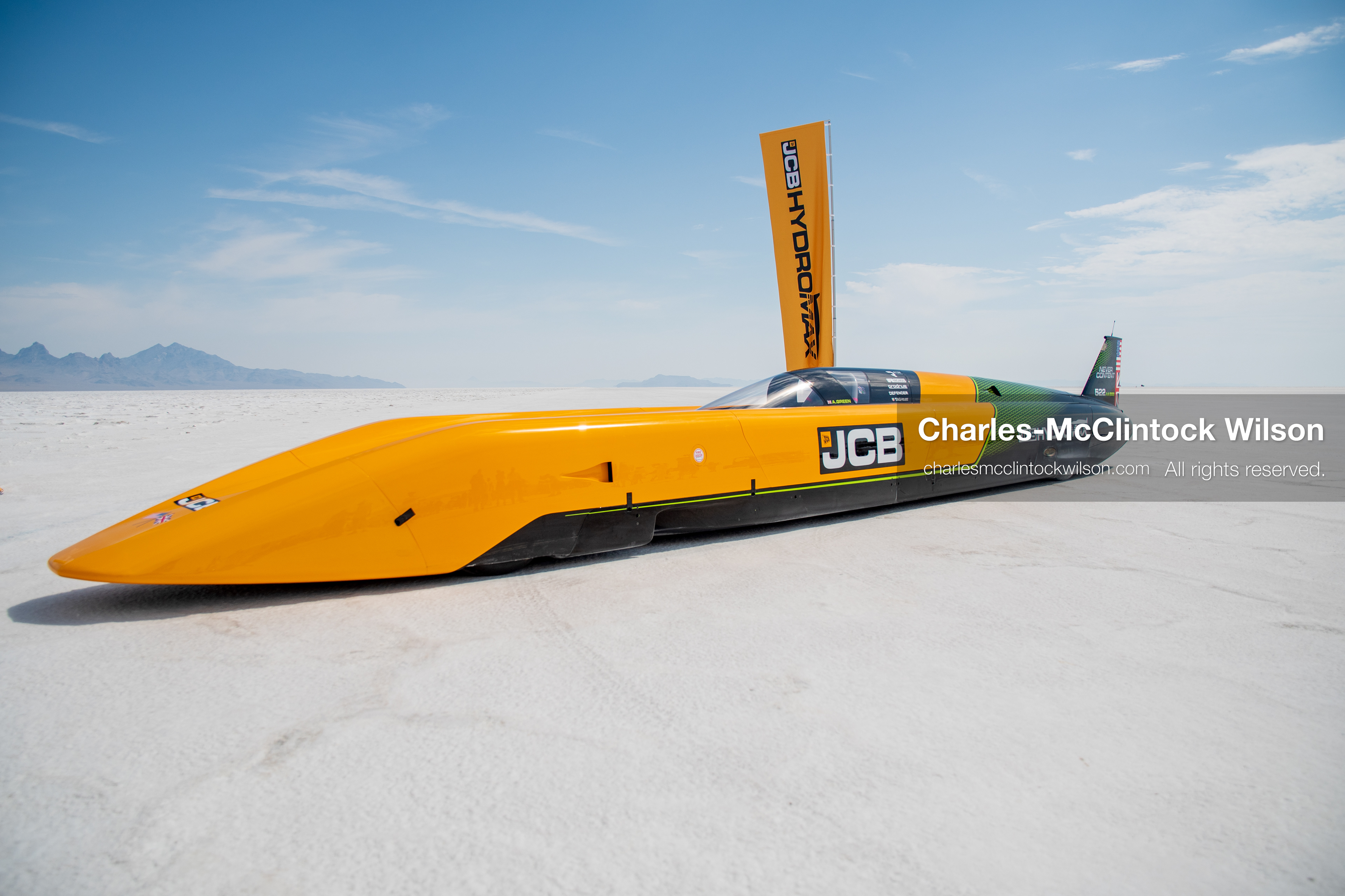August 11, 2026, Wendover, Utah, USA: The ''JCB Hydromax'' hydrogen-powered streamliner sits parked on the Bonneville Salt Flats on Tuesday. Driven by British pilot Andy Green, the vehicle achieved a record speed of 406.320 mph. (Credit Image: © Charles McClintock Wilson/ZUMA Press Wire)