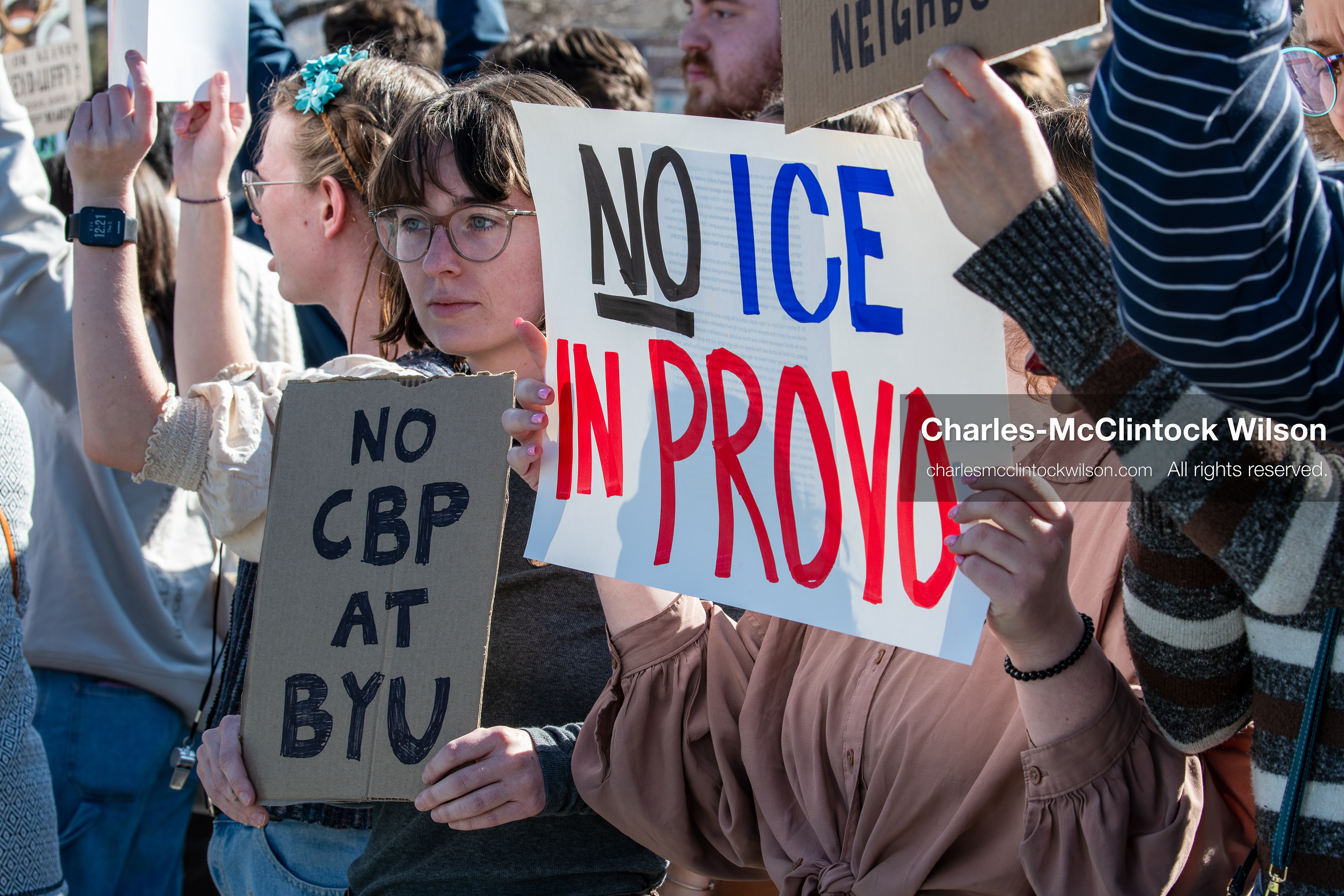 February 5, 2026, Provo, Utah, USA: Students and community members gather near Brigham Young University in Provo to demonstrate against the presence of US Customs and Border Protection recruiters at a career fair held on the BYU campus. (Credit Image: © Charles McClintock Wilson/ZUMA Press Wire)