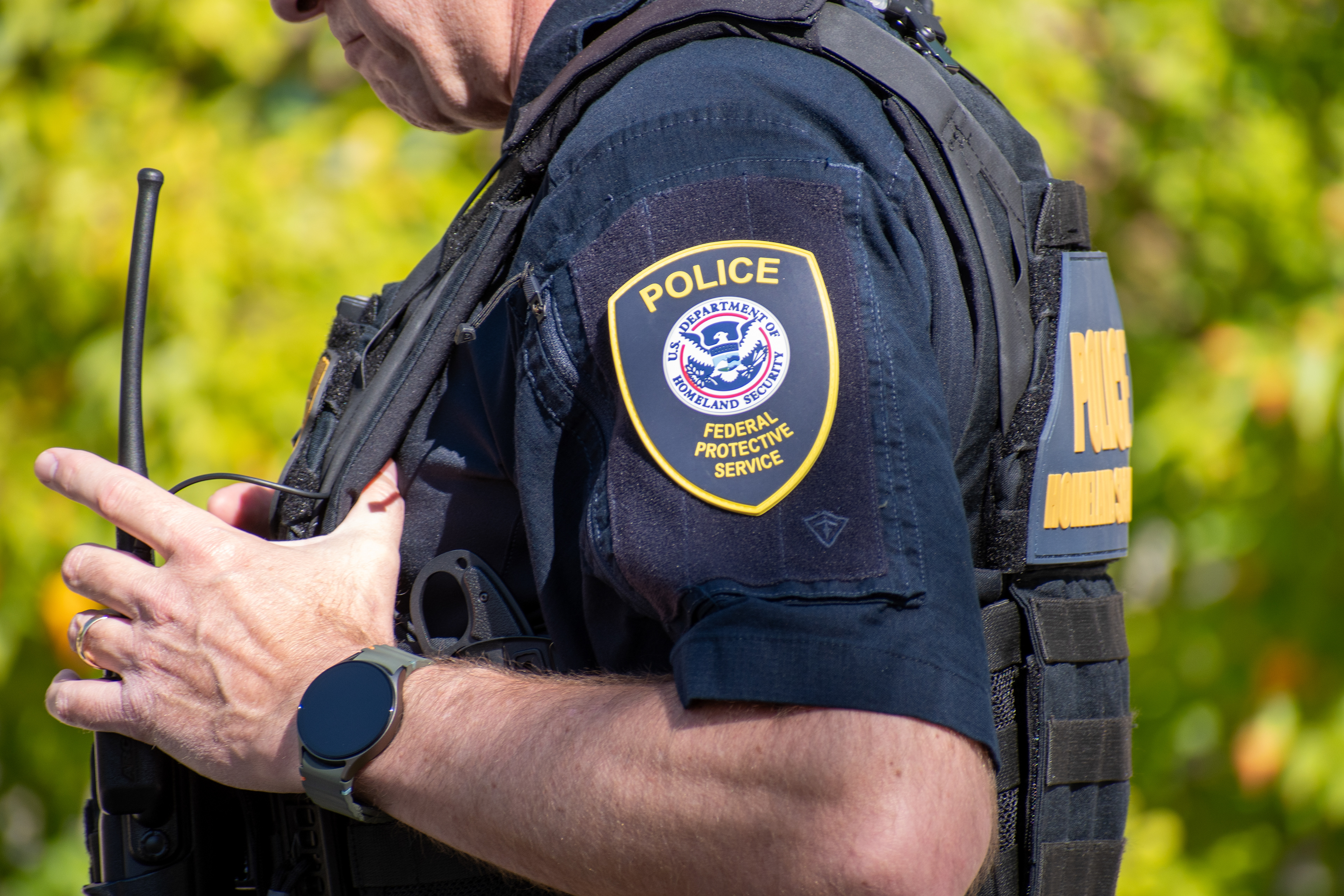 September 15, 2025 – Provo, Utah, United States: A Homeland Security police officer stands outside the Utah Valley Convention Center during a Department of Homeland Security career expo focused on recruiting law enforcement and security personnel. Photograph by Charles‑McClintock Wilson / ZUMA Press Wire