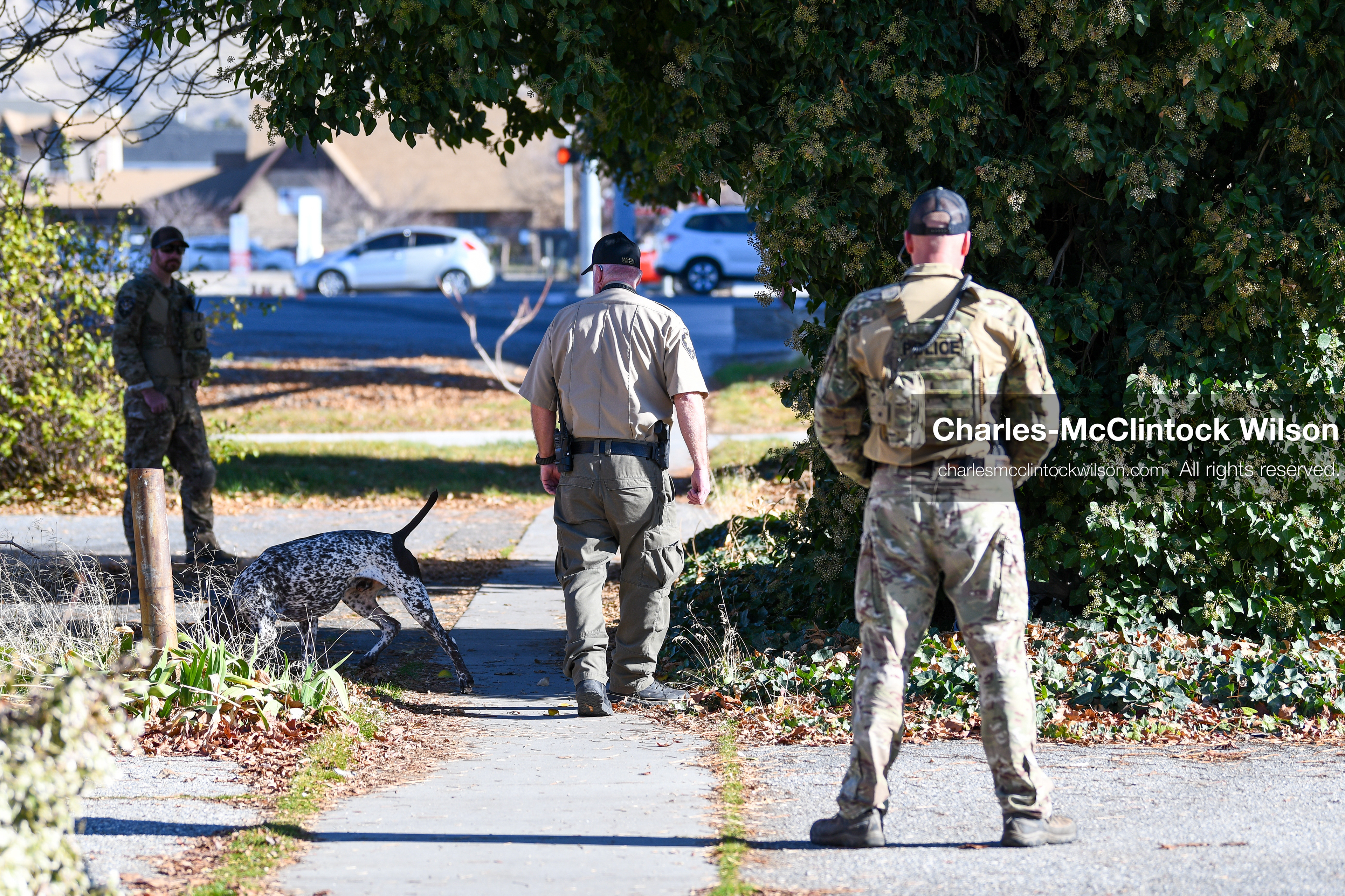 PROVO, UTAH, USA – DECEMBER 11, 2025: Police officers investigate a suspicious package with a K‑9 unit near the Fourth District Court in Provo during the first in‑person court appearance of Tyler Robinson in the Charlie Kirk murder case. (Credit Image: © Charles‑McClintock Wilson/ZUMA Press Wire)