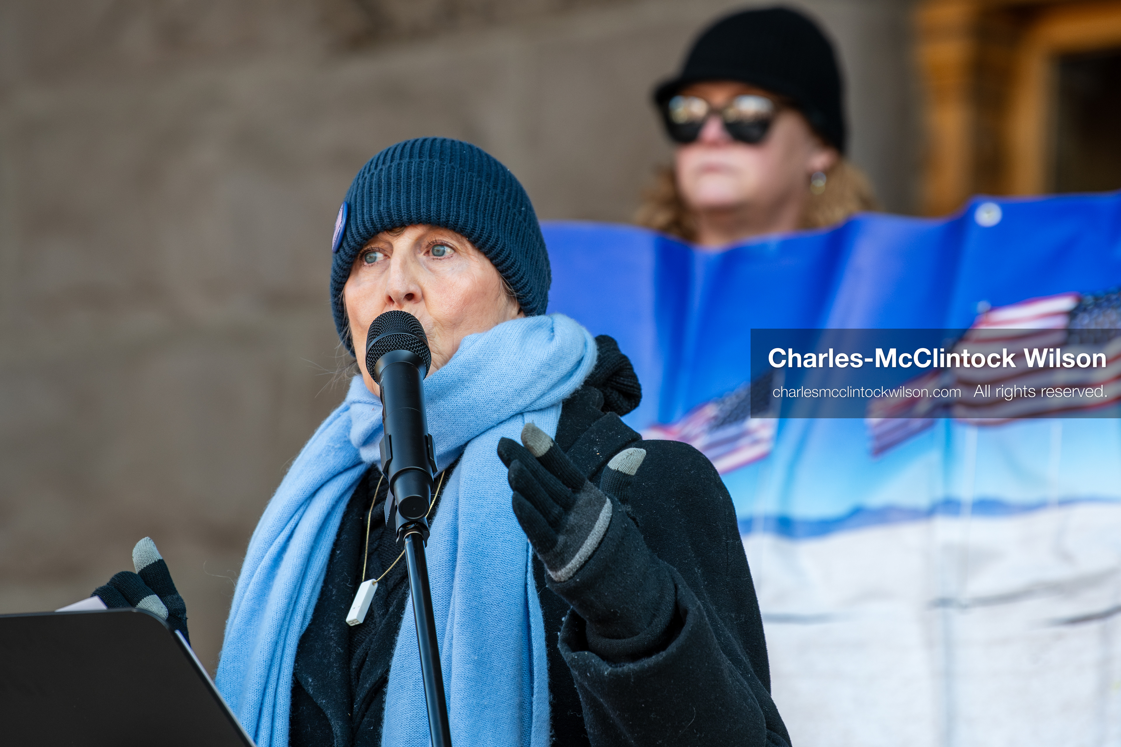 Salt Lake City, Utah, January 10, 2026: Sarah Buck, leader and key organizer for Salt Lake Indivisible, speaks during the ICE Out for Good protest at Washington Square Park, a demonstration calling for justice for Renee Nicole Good. Salt Lake Indivisible is a local grassroots organization that opposes policies of the Trump administration and advocates for democratic protections. (Credit Image: © Charles‑McClintock Wilson/ZUMA Press Wire)