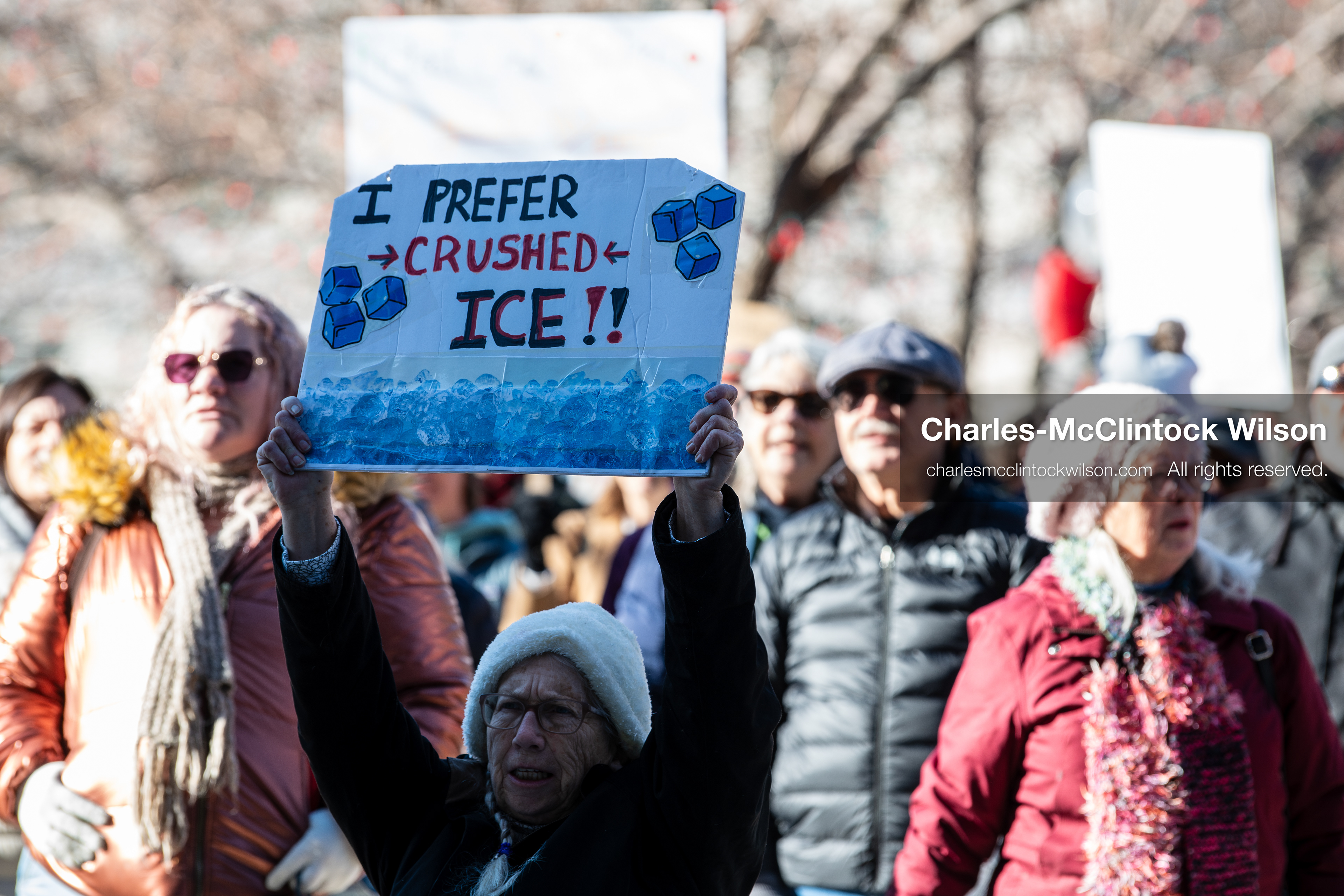 Salt Lake City, Utah, January 10, 2026: An elderly protester sits in a wheelchair holding a sign during the ICE Out for Good protest at Washington Square Park, a demonstration against ICE and calling for justice for Renee Nicole Good. (Credit Image: © Charles‑McClintock Wilson/ZUMA Press Wire)