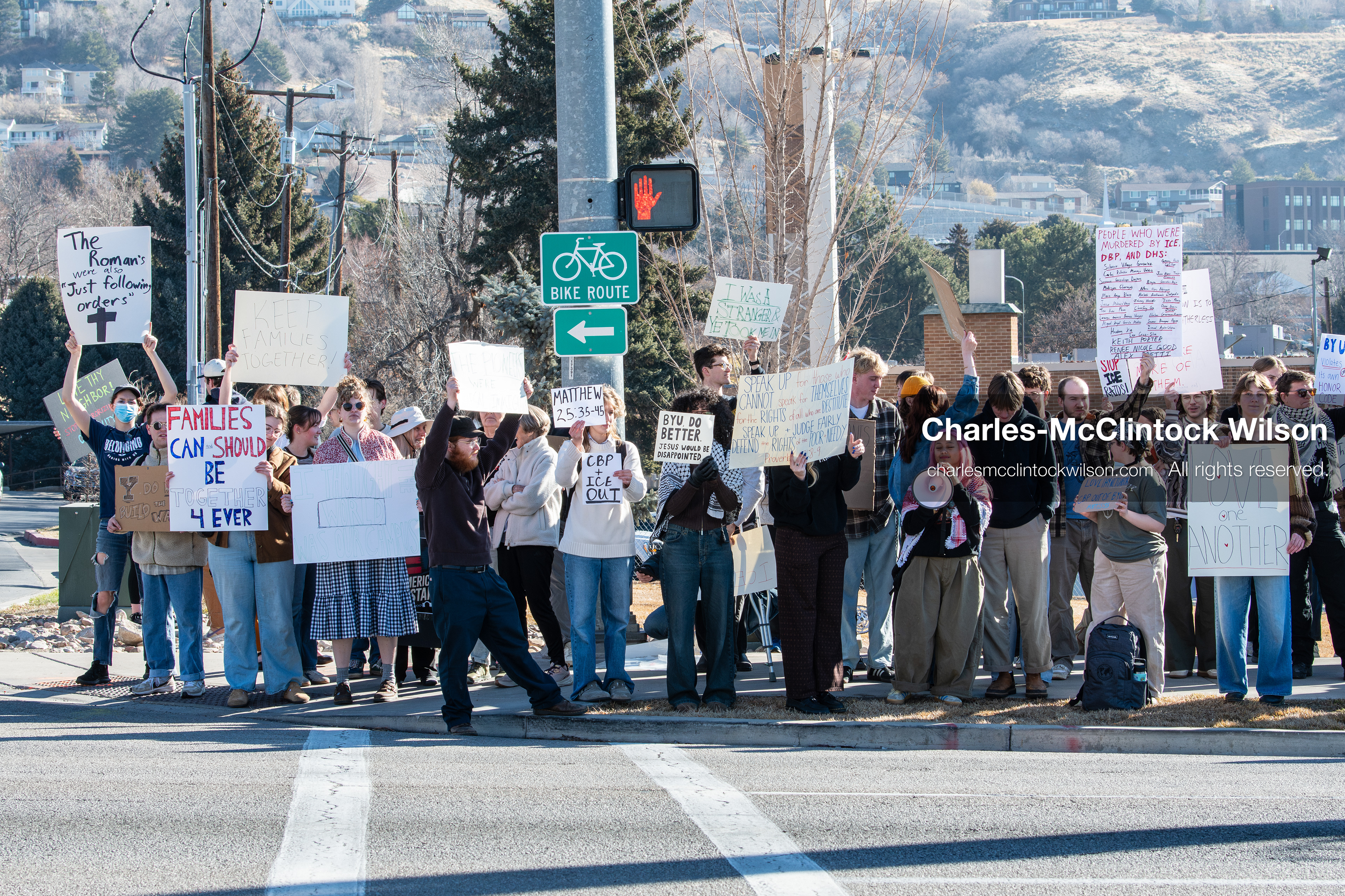 February 5, 2026, Provo, Utah, USA: Students and community members gather near Brigham Young University in Provo to demonstrate against the presence of US Customs and Border Protection recruiters at a career fair held on the BYU campus. (Credit Image: © Charles McClintock Wilson/ZUMA Press Wire)