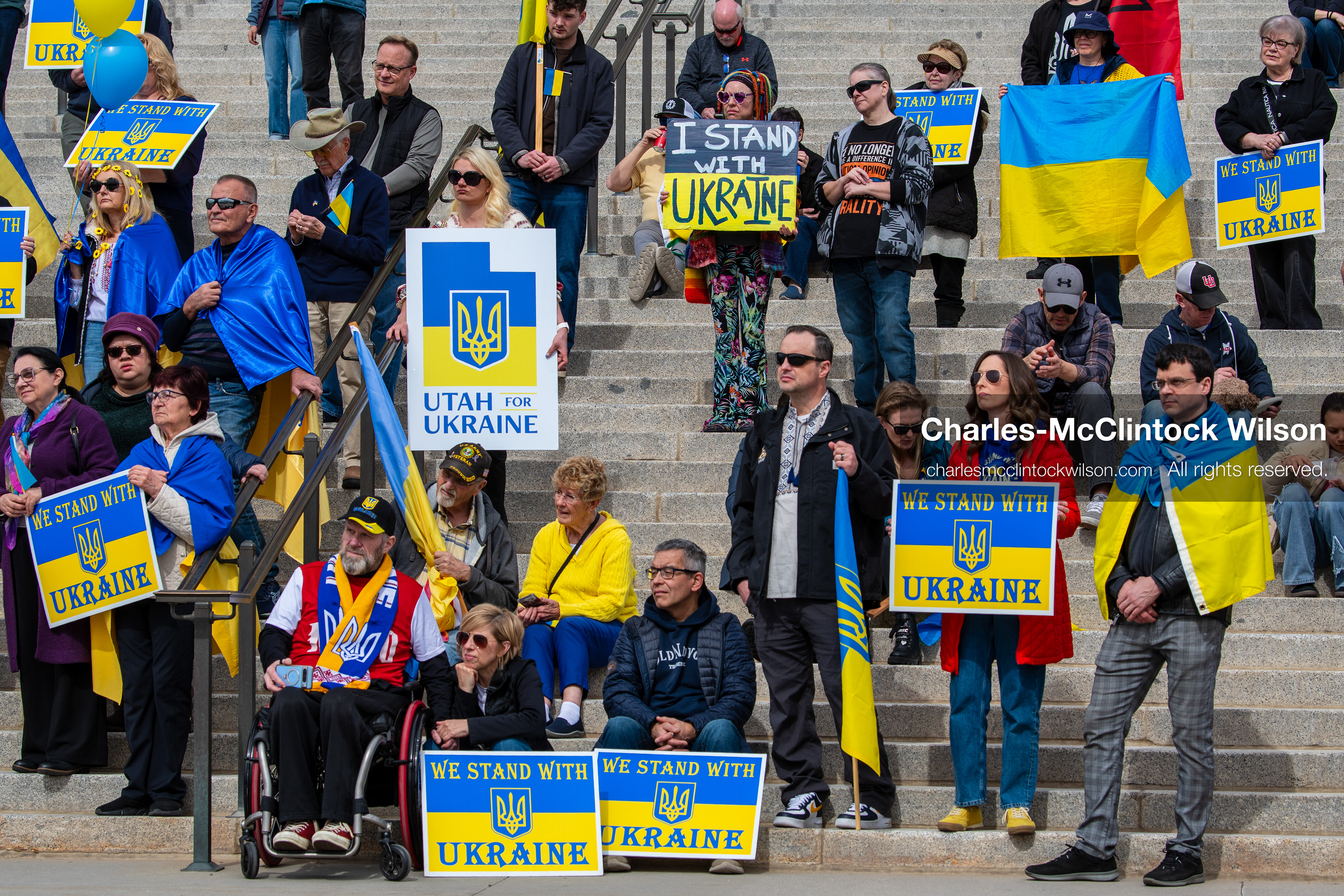 February 28, 2026, Salt Lake City, Utah, USA: Supporters gather on the steps of the Utah State Capitol during the Stand With Ukraine rally marking the four year anniversary of the full scale Russian invasion of Ukraine. Participants hold signs and Ukrainian flags as community members call for continued support for Ukraine and an end to the war. (Credit Image: © Charles McClintock Wilson/ZUMA Press Wire)
