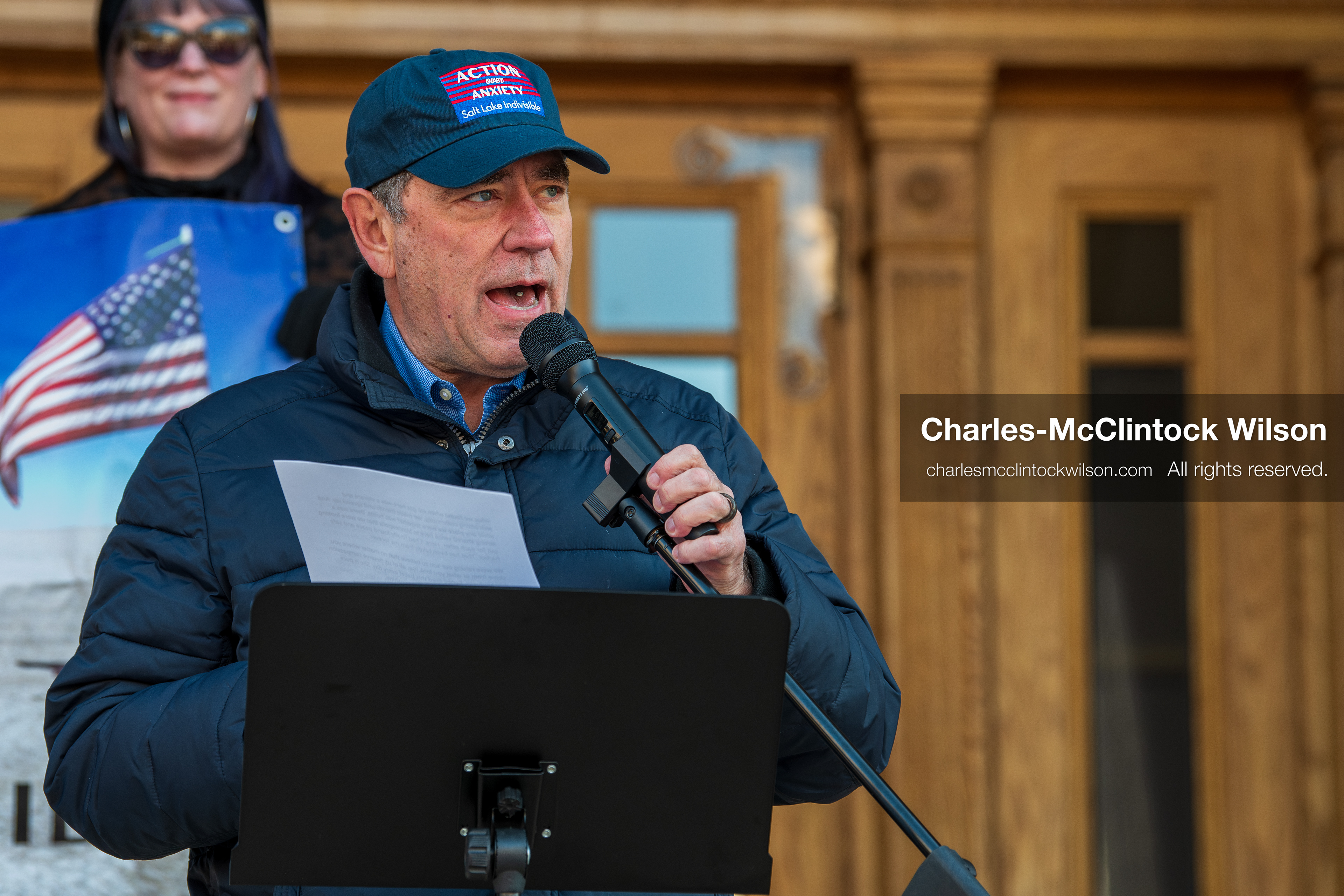 Salt Lake City, Utah, January 10, 2026: A speaker reads a statement written by Rebeca Good, wife of Renee Nicole Good, during the ICE Out for Good protest at Washington Square Park. The demonstration called for justice following Renee Nicole Good’s death during an encounter with immigration authorities. (Credit Image: © Charles‑McClintock Wilson/ZUMA Press Wire)