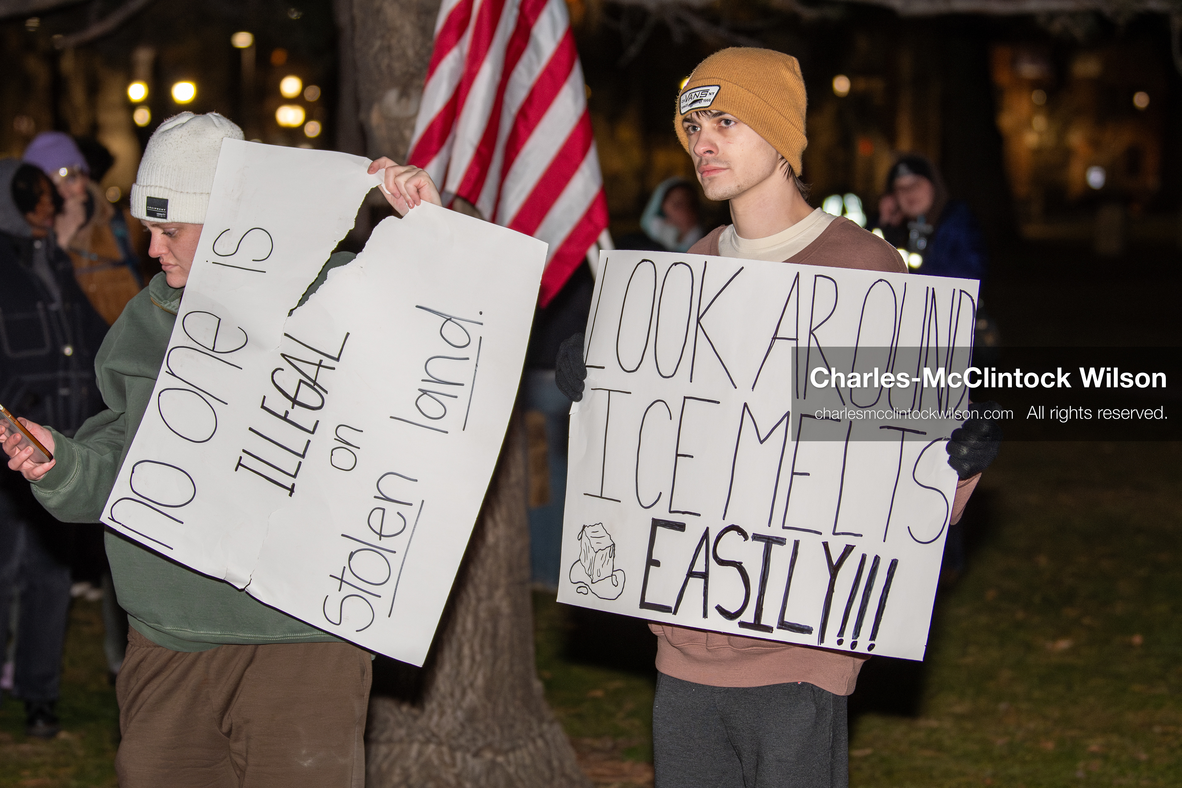 January 8, 2026, Salt Lake City, Utah, USA: Demonstrators hold signs during an anti ICE protest at Pioneer Park in Salt Lake City Utah on Jan 8 2026. The rally followed the death of Renee Nicole Good a Minneapolis woman who was fatally shot during an encounter with immigration authorities and drew hundreds calling for accountability and changes to enforcement practices. (Credit Image: © Charles-McClintock Wilson/ZUMA Press Wire)