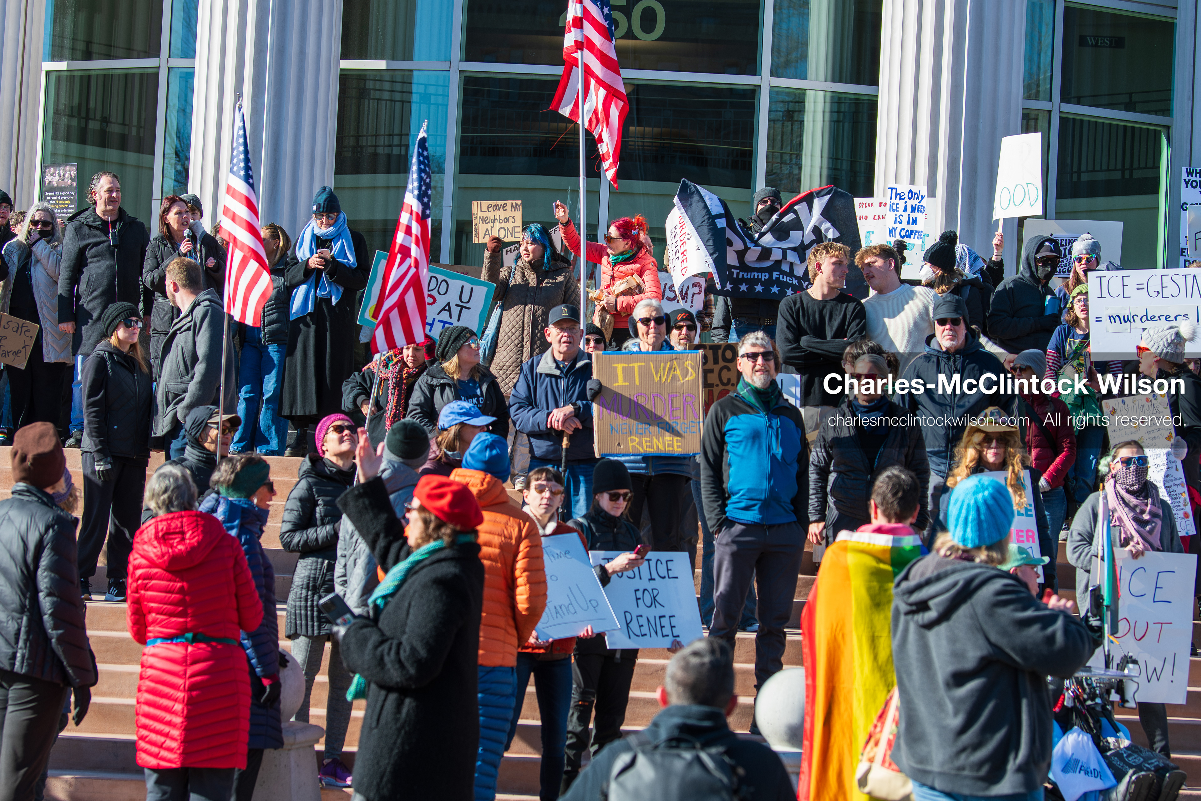 Salt Lake City, Utah, January 10, 2026: Demonstrators gather on the steps of the Scott M. Matheson Courthouse during the ICE Out for Good protest, calling for justice for Renee Nicole Good and holding signs and American flags as part of a coordinated demand for immigration reform and accountability. (Credit Image: © Charles‑McClintock Wilson/ZUMA Press Wire)