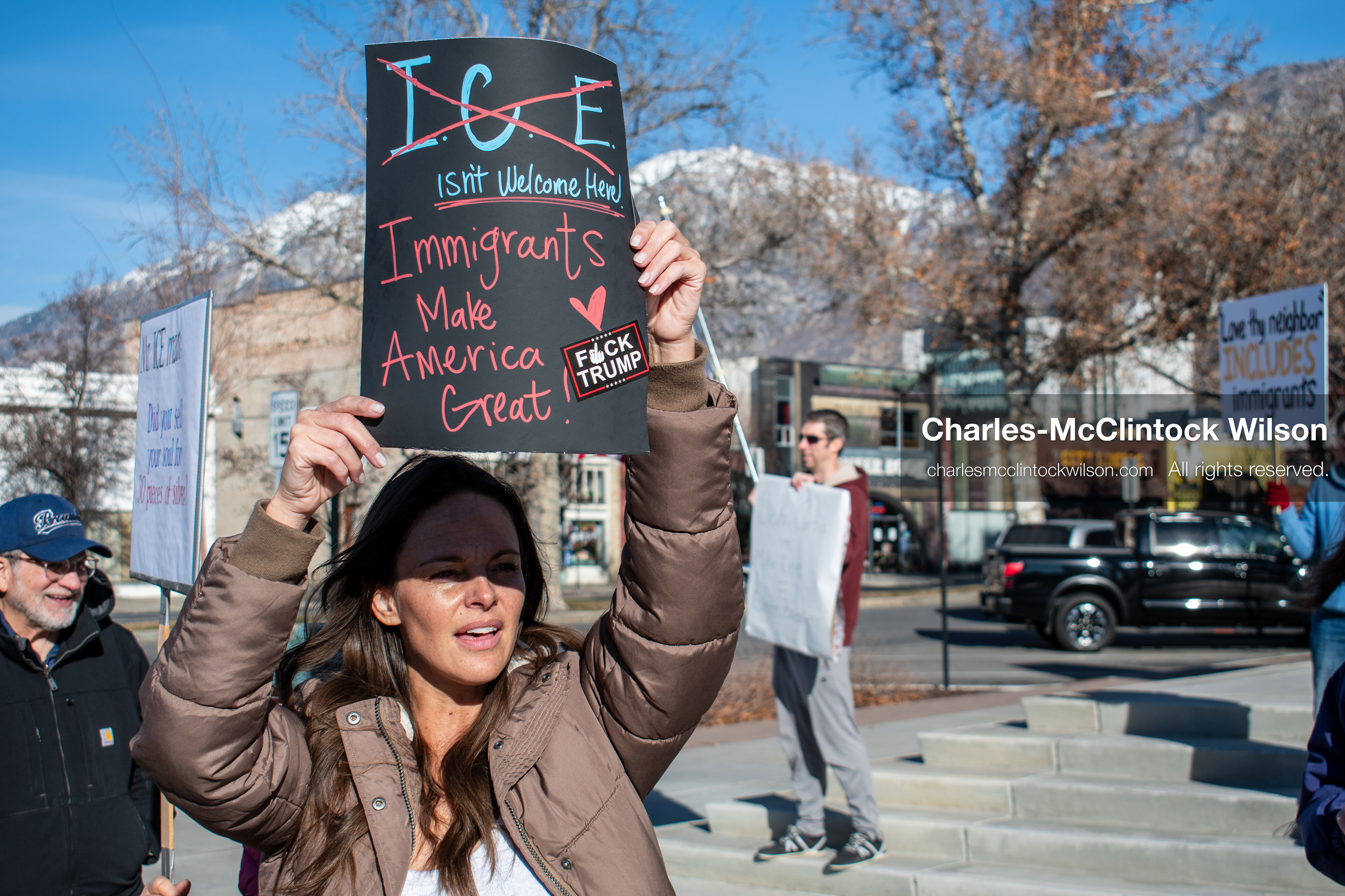 January 20, 2026, Provo, Utah, USA: Protesters gather outside Provo City Hall during the Free America Walkout protest in Provo, Utah, on January 20, 2026. Demonstrators held signs calling for justice, immigration reform, and an end to detention practices. (Credit Image: © Charles-McClintock Wilson/ZUMA Press Wire)