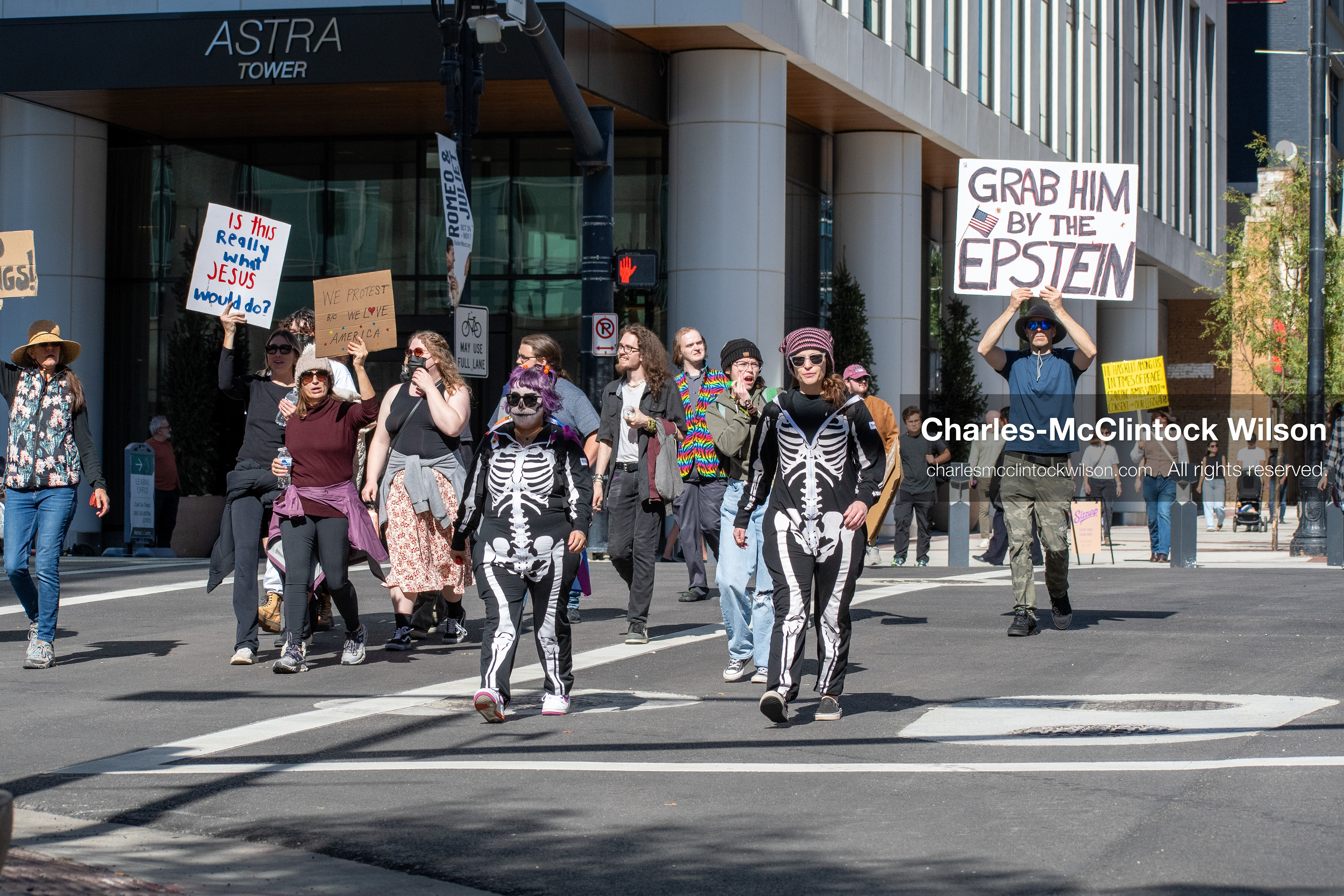 October 18, 2025, Salt Lake City, Utah, USA: Demonstrators march along South State Street during a "No Kings" protest in Salt Lake City, Utah. The protest was part of a nationwide mobilization.