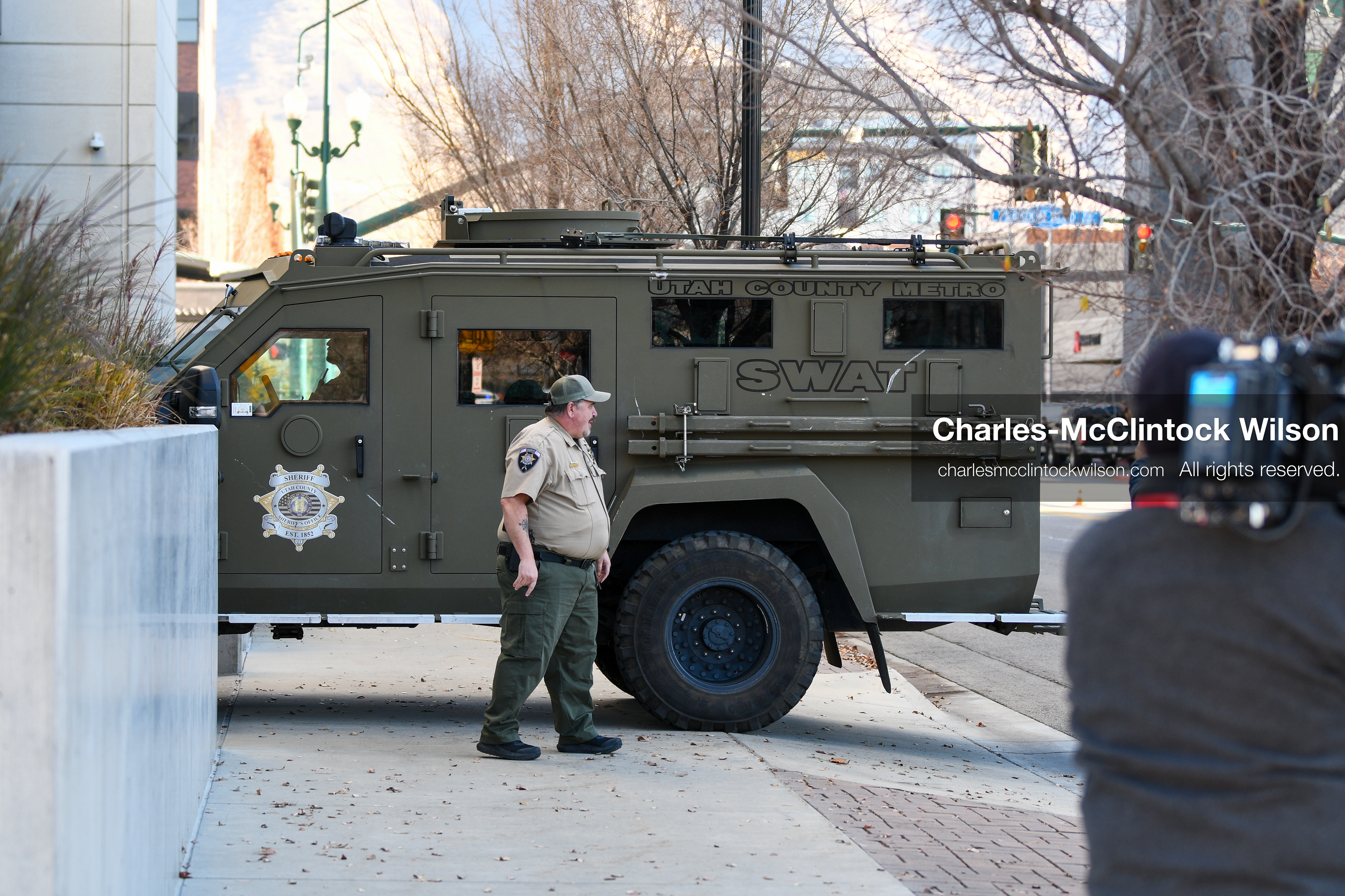PROVO, UTAH, USA – DECEMBER 11, 2025: An armored vehicle marked SWAT arrives outside the Fourth District Court in Provo, Utah, transporting Tyler Robinson for his first in‑person court appearance in the Charlie Kirk murder case. (Credit Image: © Charles‑McClintock Wilson/ZUMA Press Wire)