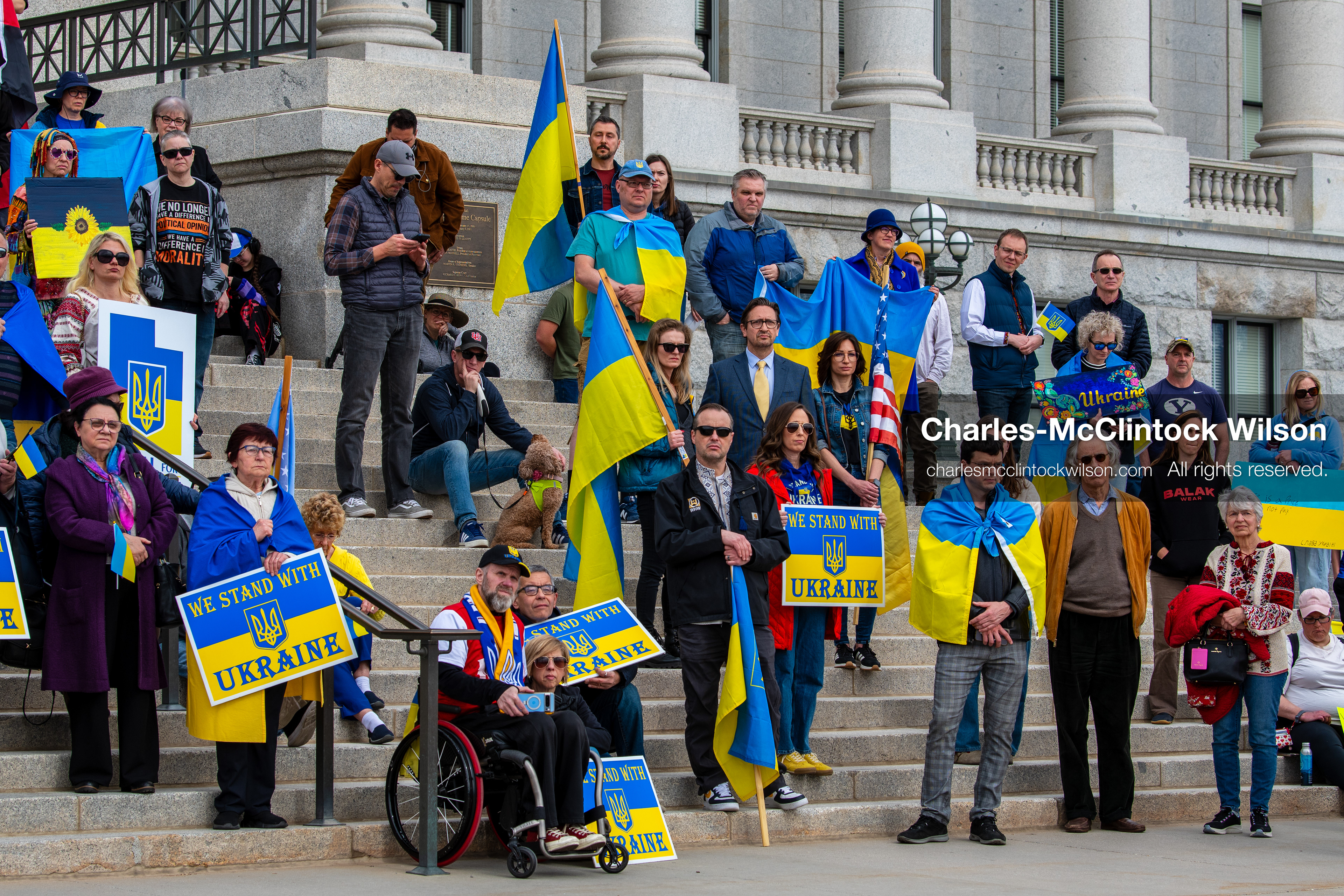 February 28, 2026, Salt Lake City, Utah, USA: Supporters gather on the steps of the Utah State Capitol during the Stand With Ukraine rally marking the four year anniversary of the full scale Russian invasion of Ukraine. Participants hold signs and Ukrainian flags as community members call for continued support for Ukraine and an end to the war. (Credit Image: © Charles McClintock Wilson/ZUMA Press Wire)