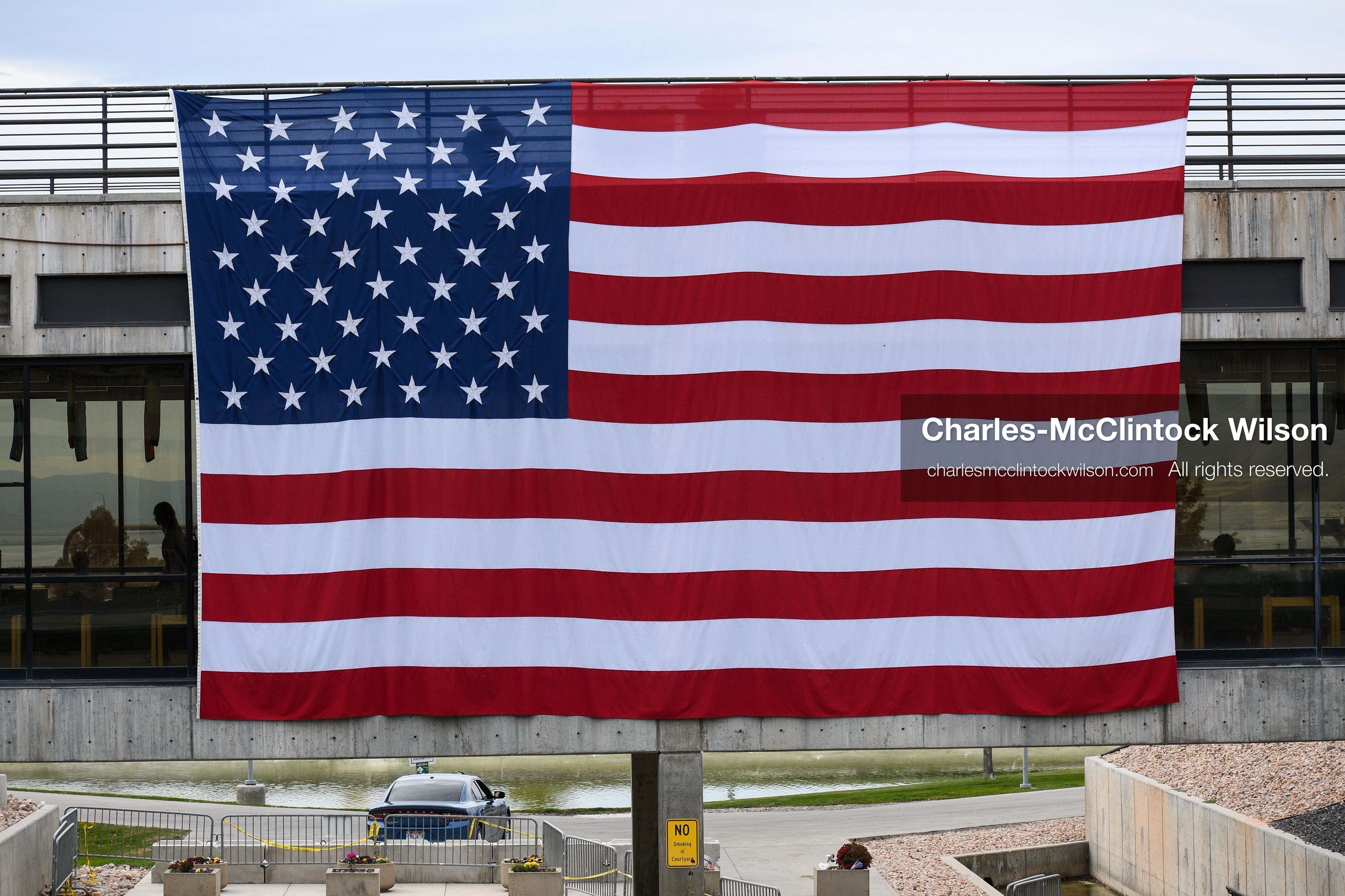 November 5, 2025, Orem, Utah, USA: A large American flag hangs over the site where conservative activist Charlie Kirk was shot and killed at Utah Valley University in Orem, Utah, on September 10, 2025, during a speaking event. (Credit Image: © Charles-McClintock Wilson/ZUMA Press Wire)