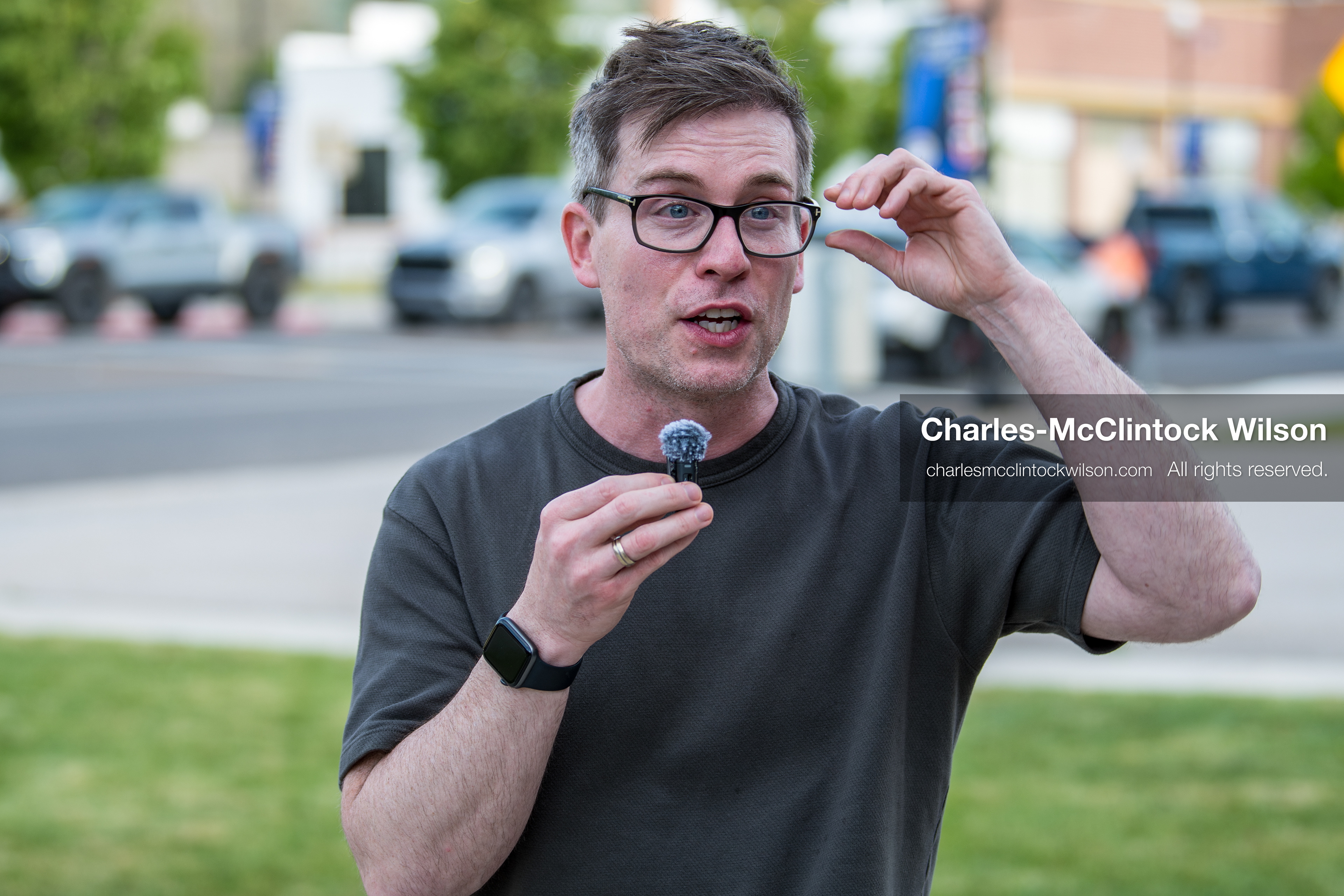 May 13, 2026, Brigham City, Utah, USA: US political satirist and digital creator WALTER MASTERSON speaks to attendees outside the Box Elder County Justice Courthouse in Brigham City, Utah, on May 13, 2026, during a gathering over the proposed data center project backed by businessman Kevin O'Leary, which has drawn public concern over water use, power demand, and transparency. (Credit Image: © Charles-McClintock Wilson/ZUMA Press Wire)