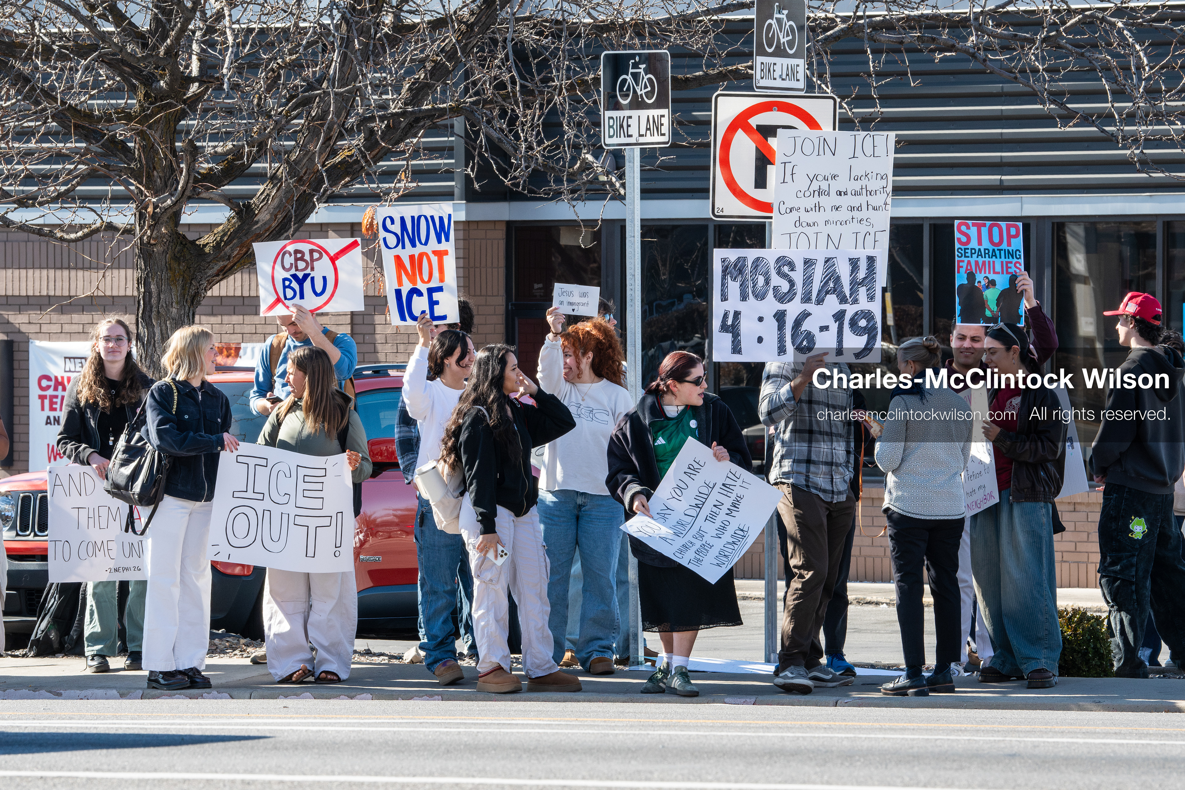 February 5, 2026, Provo, Utah, USA: Students and community members gather near Brigham Young University in Provo to demonstrate against the presence of US Customs and Border Protection recruiters at a career fair held on the BYU campus. (Credit Image: © Charles McClintock Wilson/ZUMA Press Wire)