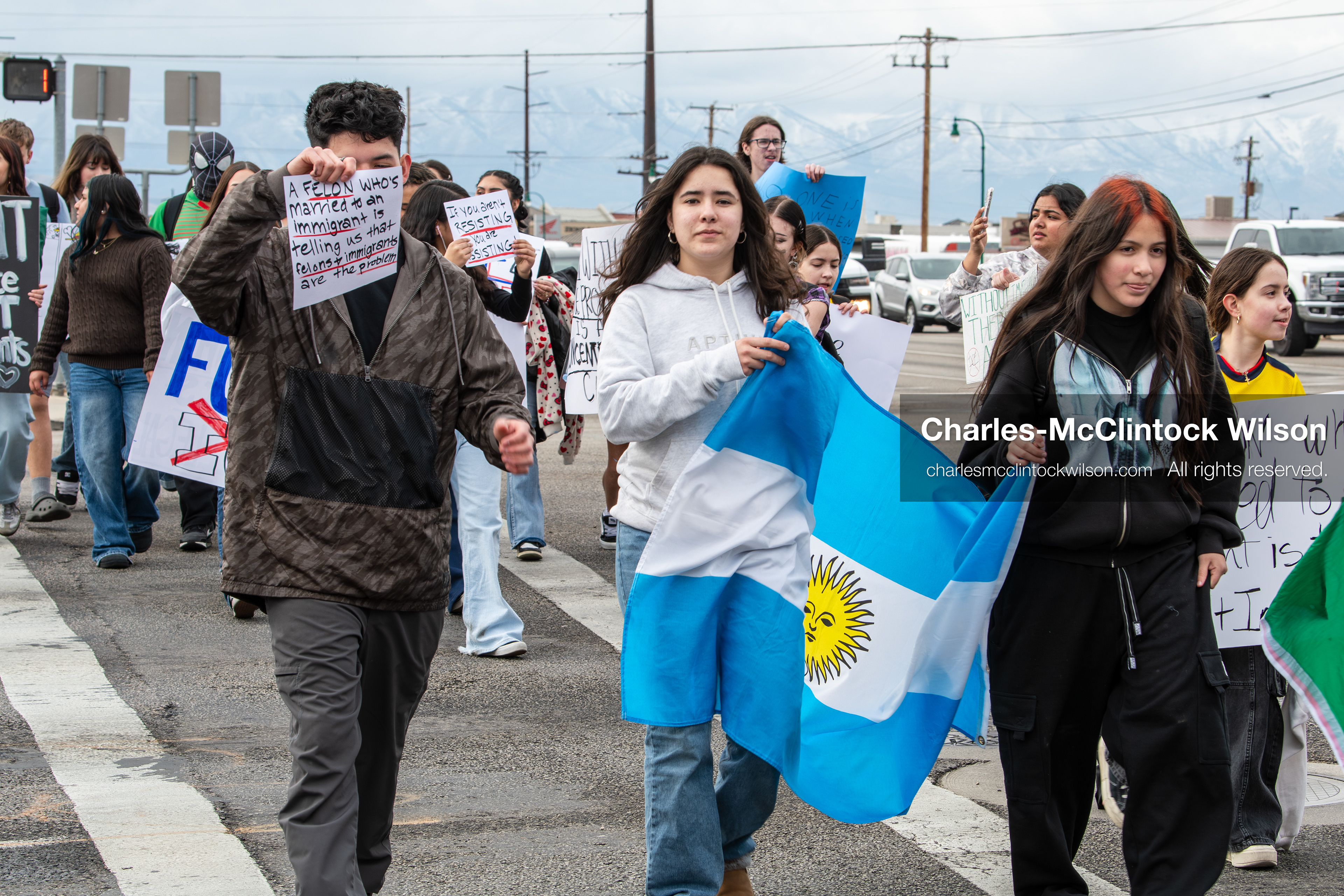 February 11, 2026, Orem, Utah, USA: Students march along State Street during a student‑led protest involving participants from multiple Orem schools. (Credit Image: © Charles‑McClintock Wilson/ZUMA Press Wire)