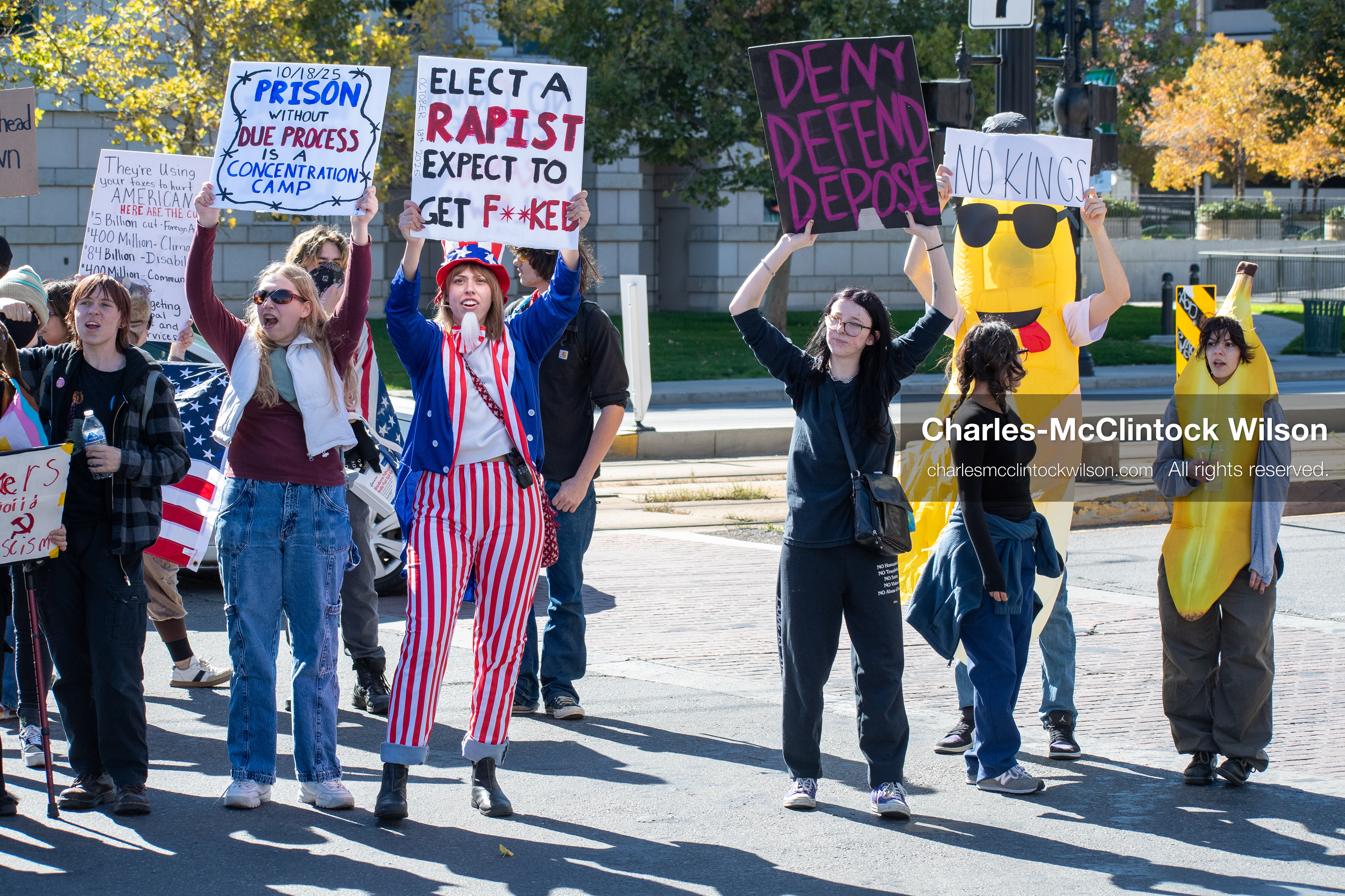 October 18, 2025, Salt Lake City, Utah, USA: Demonstrators march along South State Street during a "No Kings" protest in Salt Lake City, Utah. The protest was part of a nationwide mobilization.
