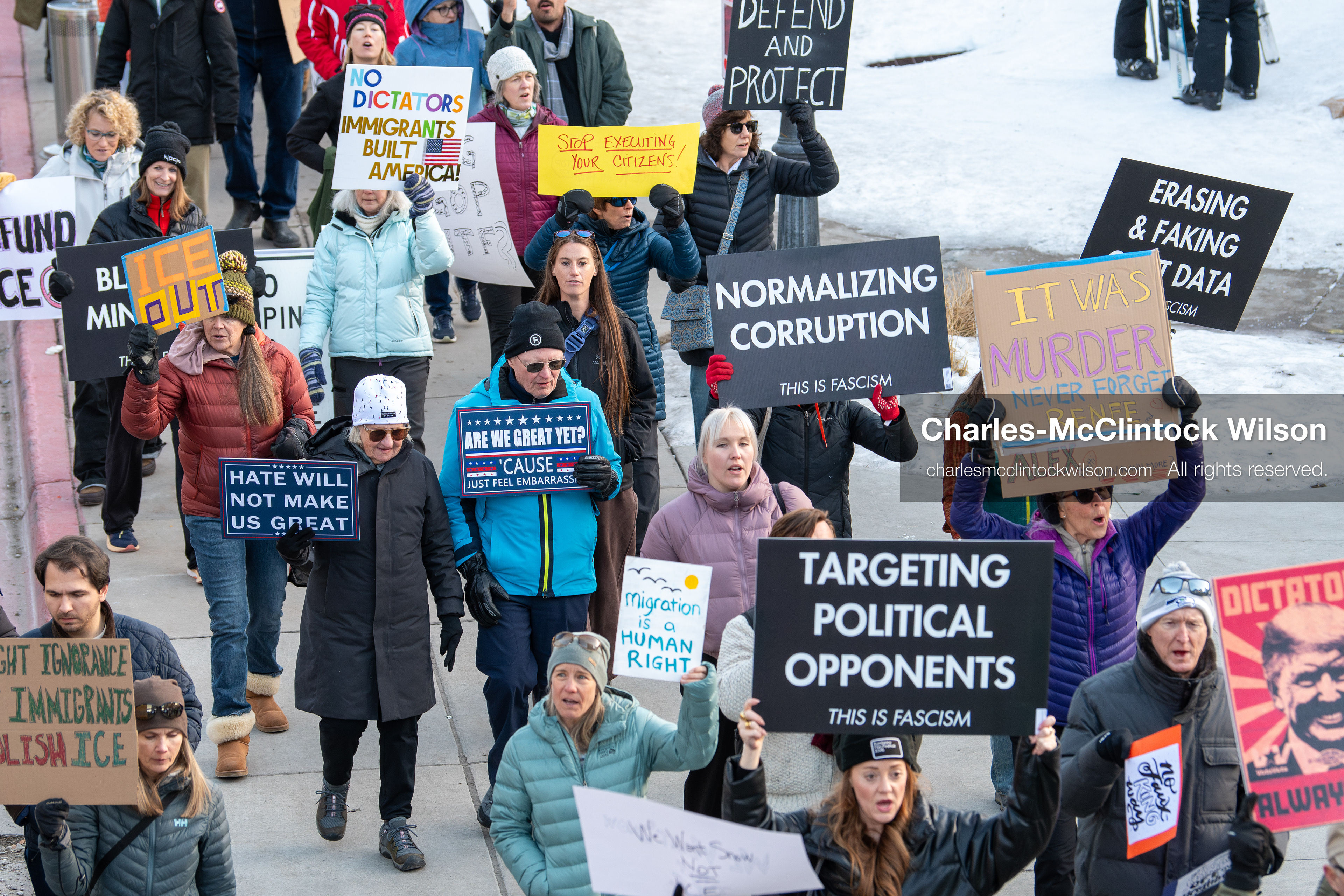 January 26, 2026, Park City, Utah, USA: Demonstrators march through Main Street holding signs during a protest opposing U.S. Immigration and Customs Enforcement (I.C.E.) ICE agents at the Sundance Film Festival in Park City, Utah, on Monday, Jan. 26, 2026. The event was held in response to the fatal shooting of Alex Pretti by a U.S. Border Patrol officer in Minneapolis. (Credit Image: © Charles McClintock Wilson/ZUMA Press Wire)
