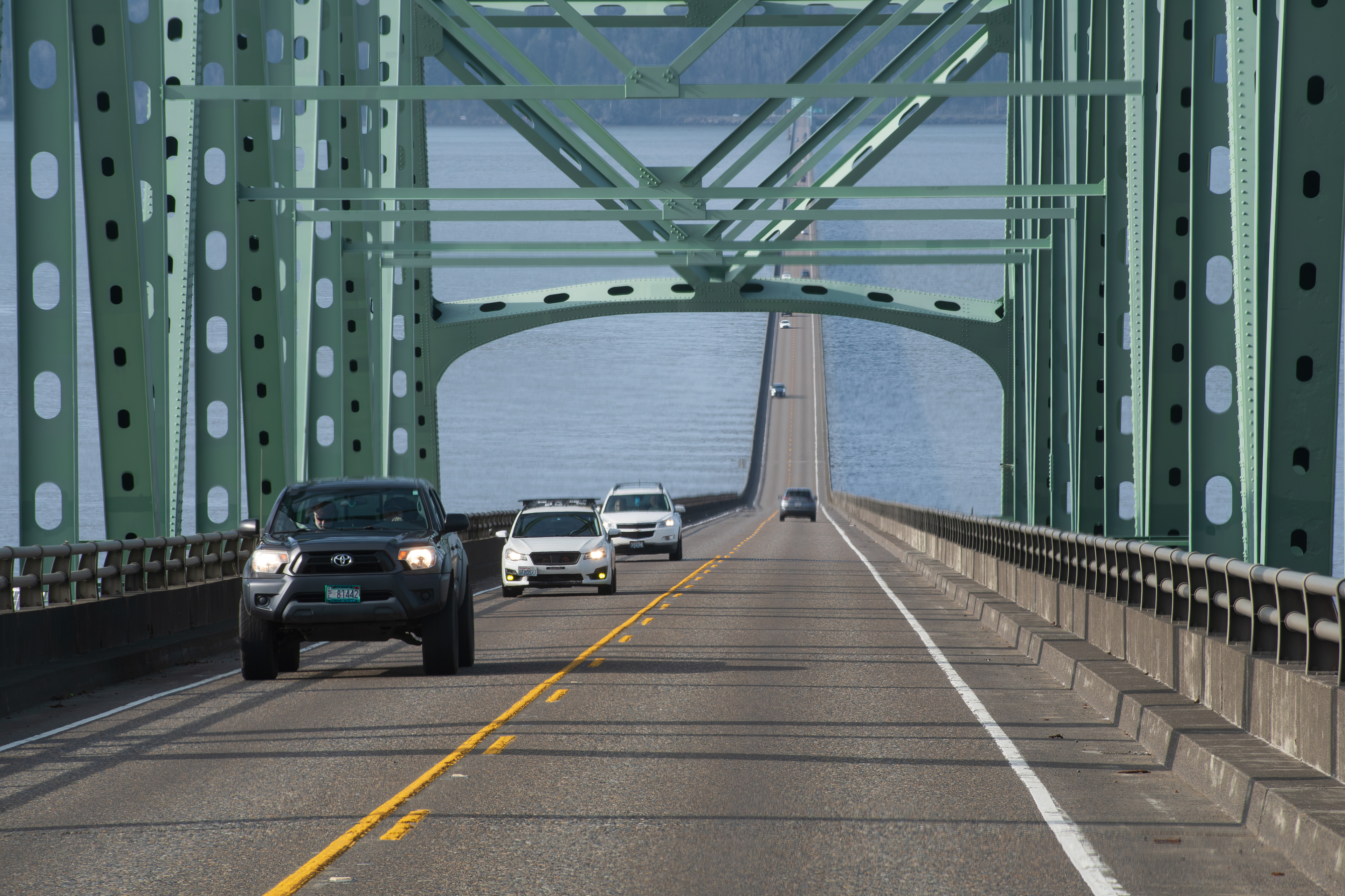 STORIA, OR, USA – APRIL 10: Vehicles travel across the Astoria-Megler Bridge, connecting Astoria, Oregon, to the Washington state border, on April 10, 2025.