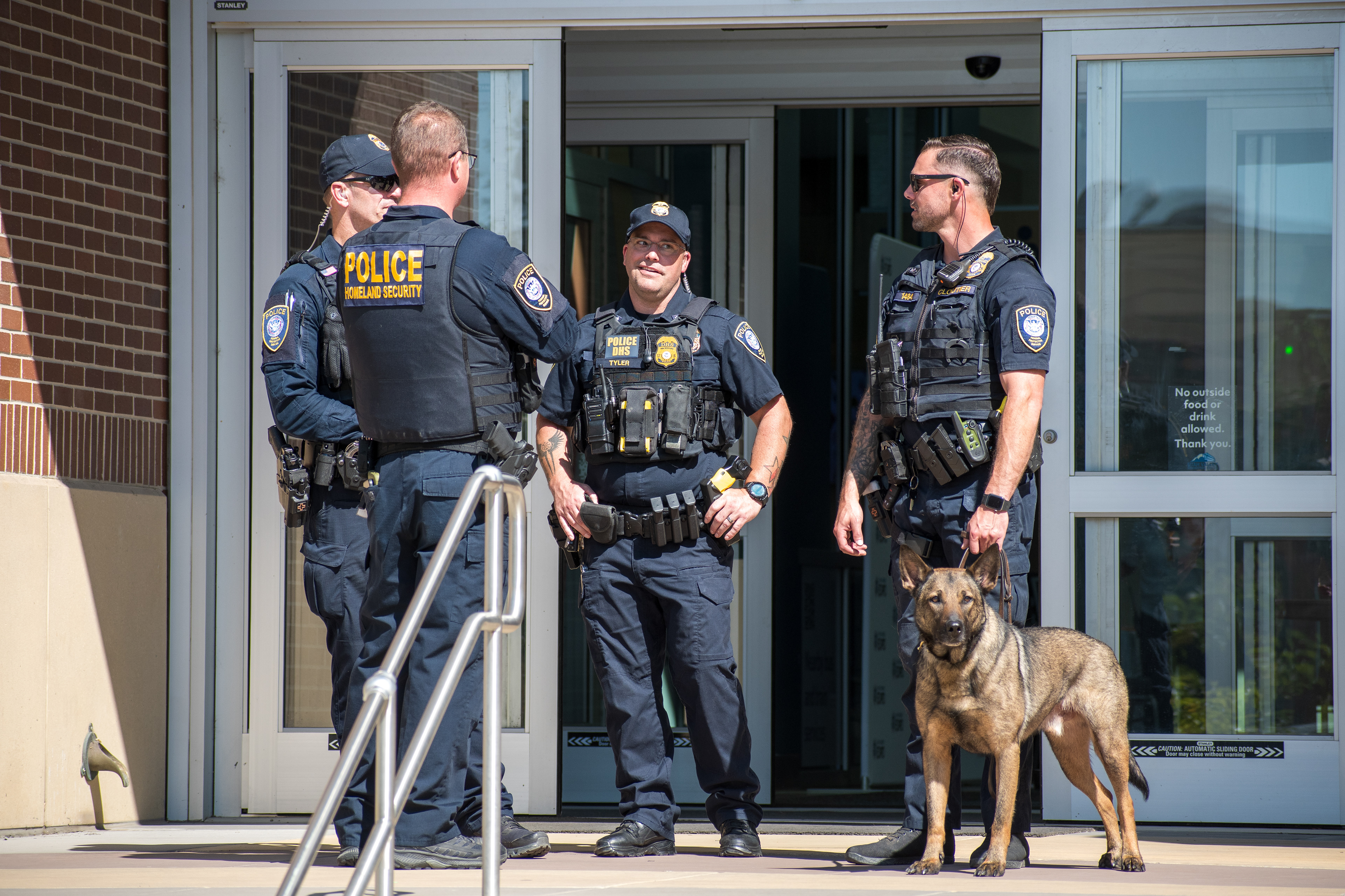 September 15, 2025 – Provo, Utah, United States: Homeland Security police officers stand near the entrance of the Utah Valley Convention Center during a Department of Homeland Security career expo focused on recruiting law enforcement and security personnel. Photograph by Charles‑McClintock Wilson / ZUMA Press Wire