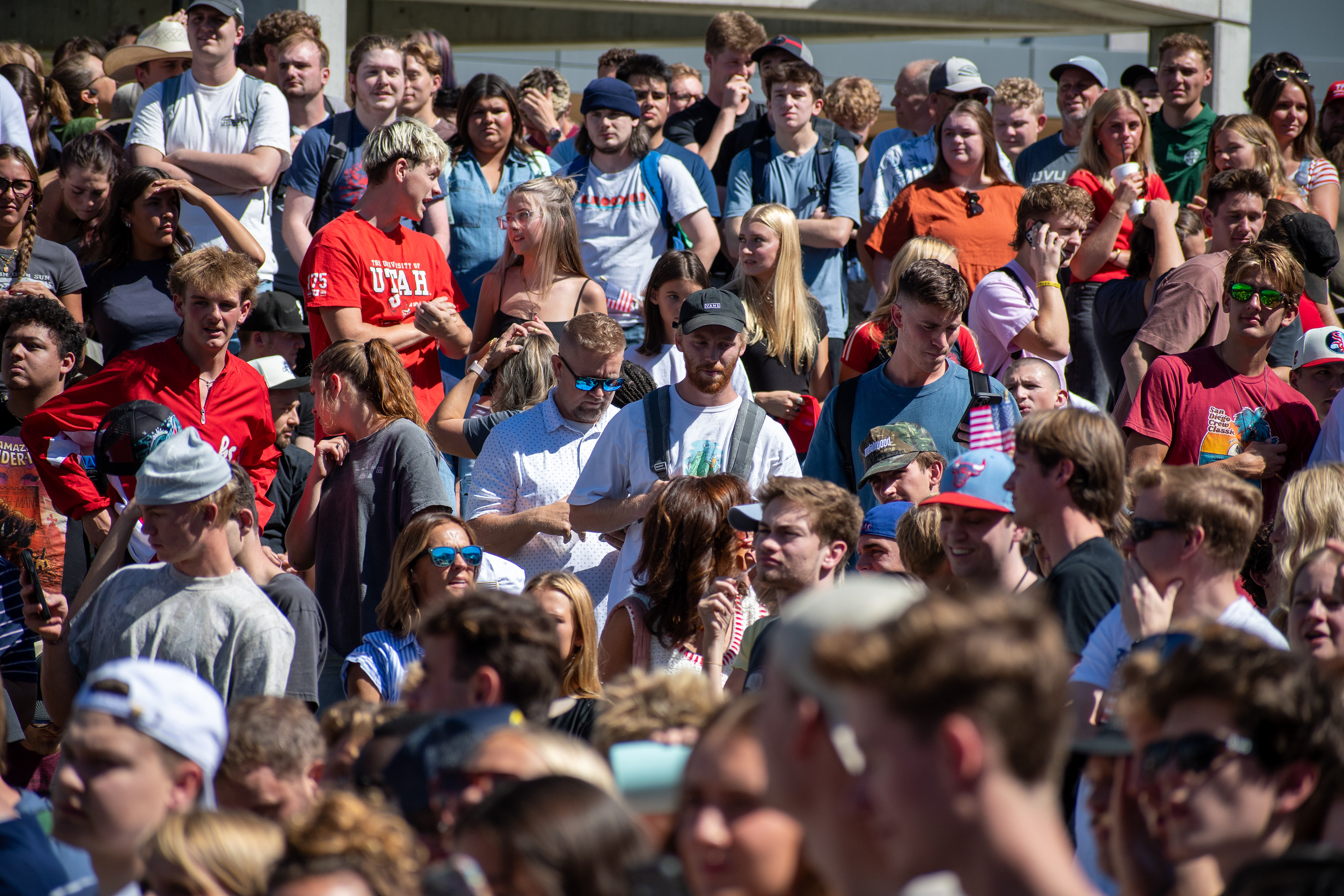 OREM, UTAH – SEPTEMBER 10, 2025: Attendees gather in close formation at Utah Valley University for the opening stop of the American Comeback Tour. The image captures a moment of shared anticipation and civic presence, reflecting the energy, emotion, and communal engagement that defined the event’s intended spirit. © Charles-McClintock Wilson / ZUMA Press