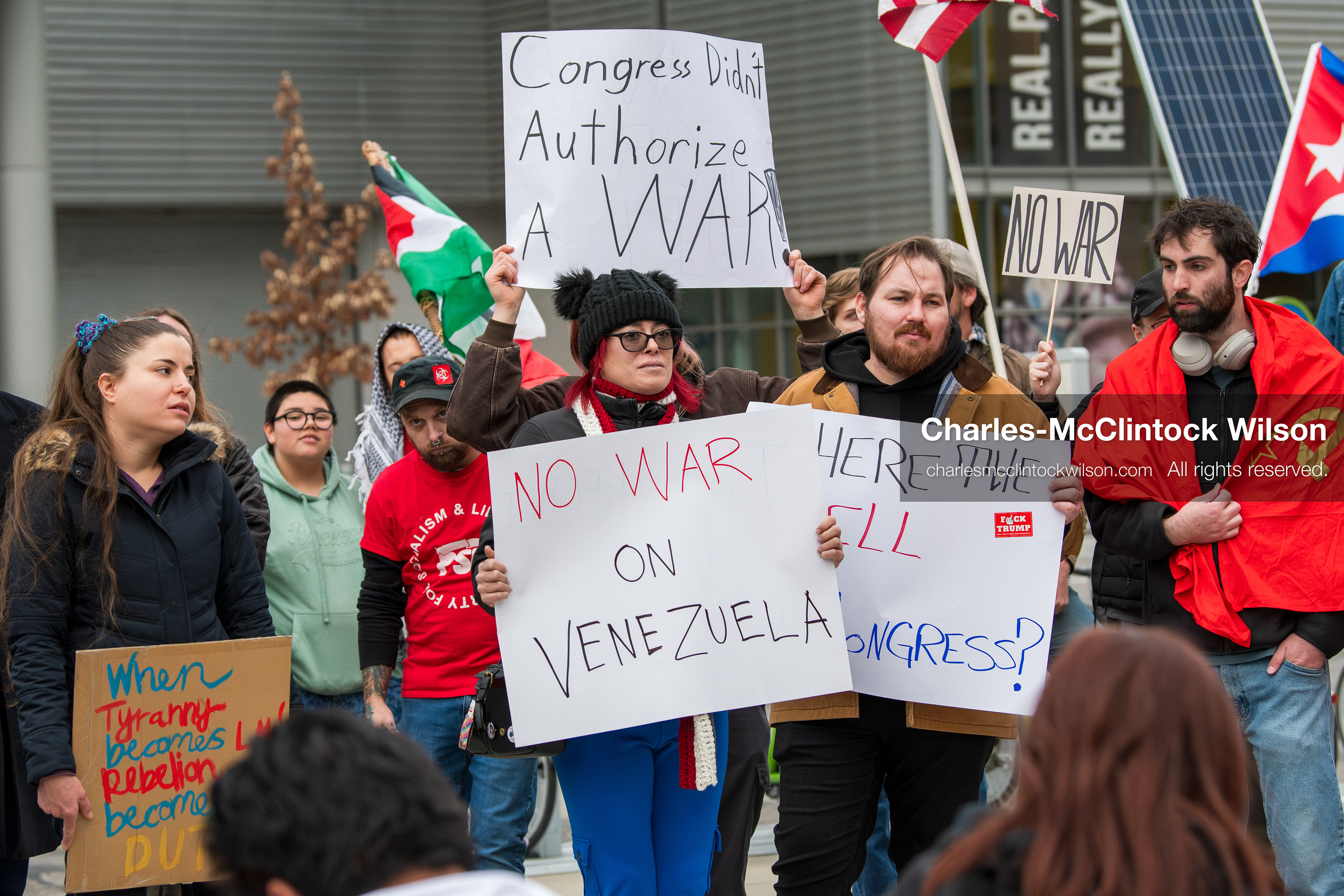 January 3, 2026, Salt Lake City, Utah, USA: Protesters hold signs during an emergency demonstration against US action in Venezuela outside the Wallace Federal Building in Salt Lake City, Utah. The event was part of a nationwide mobilization responding to recent military developments. (Credit Image: (c) Charles‑McClintock Wilson/ZUMA Press Wire)