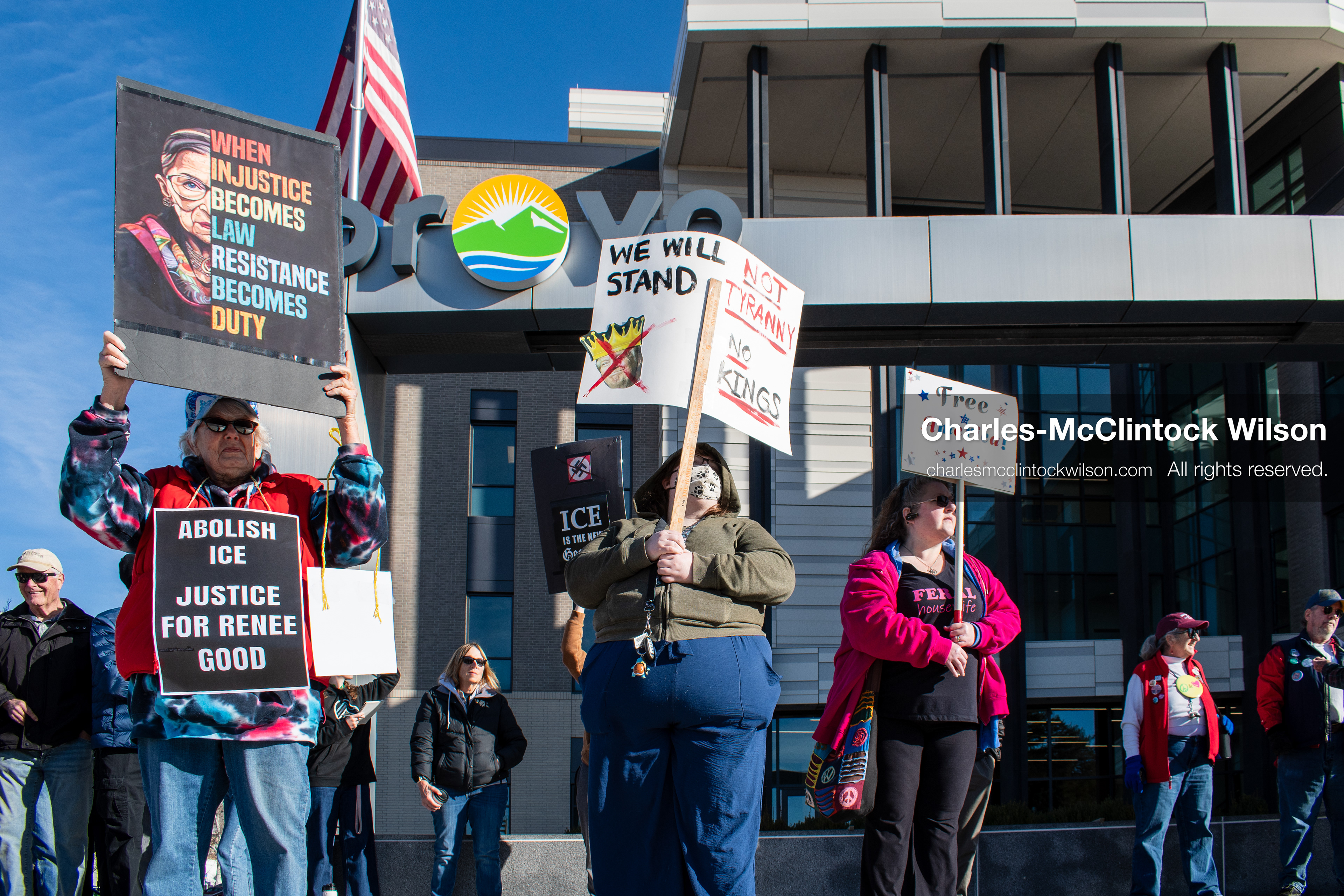 January 20, 2026, Provo, Utah, USA: Protesters gather outside Provo City Hall during the Free America Walkout protest in Provo, Utah, on January 20, 2026. Demonstrators held signs calling for justice, immigration reform, and an end to detention practices. (Credit Image: © Charles-McClintock Wilson/ZUMA Press Wire)