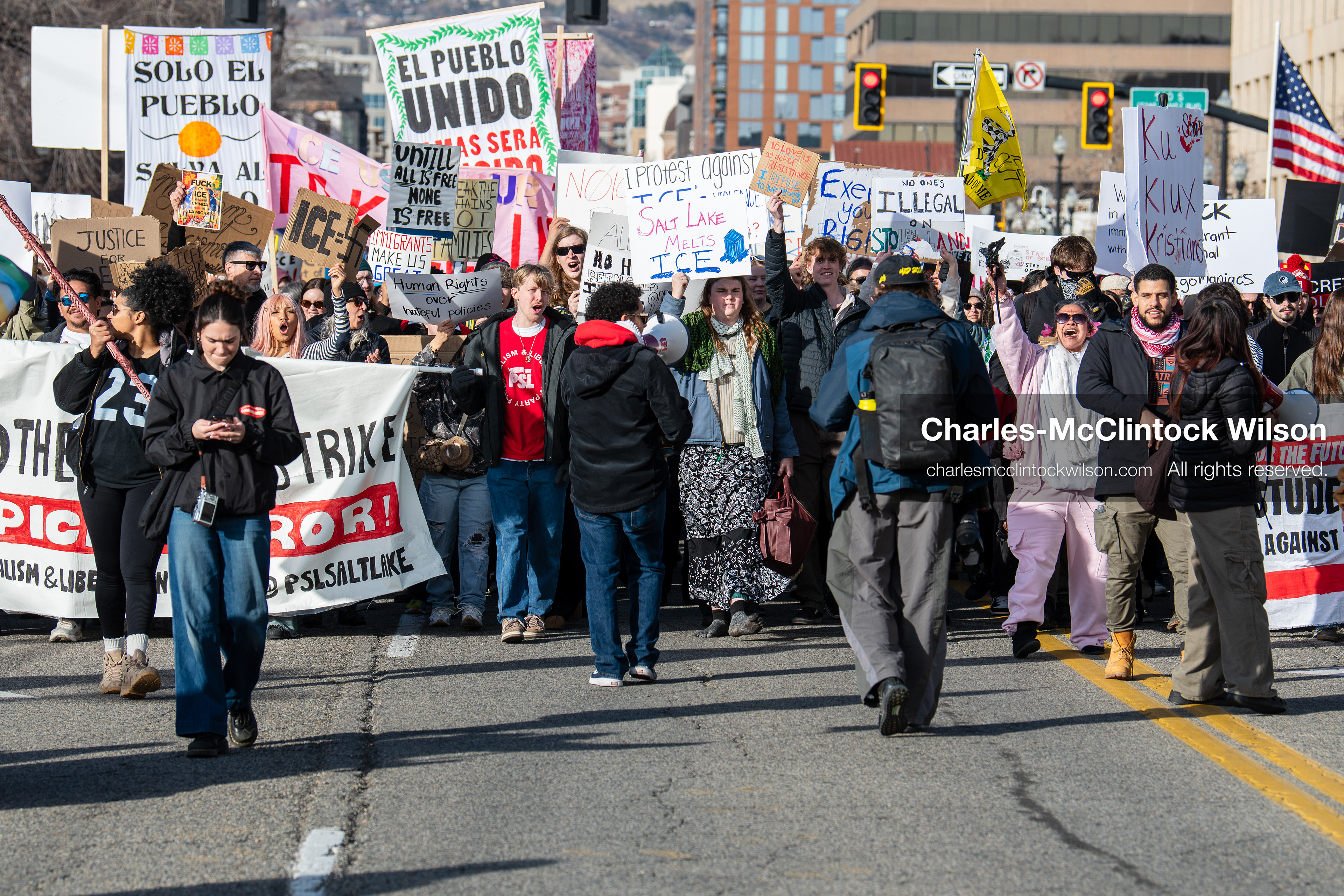 January 30, 2026, Salt Lake City, Utah, USA: Demonstrators march through downtown Salt Lake City during an anti‑ICE protest, part of a nationwide response to immigration enforcement policies. (Credit Image: © Charles‑McClintock Wilson/ZUMA Press Wire)