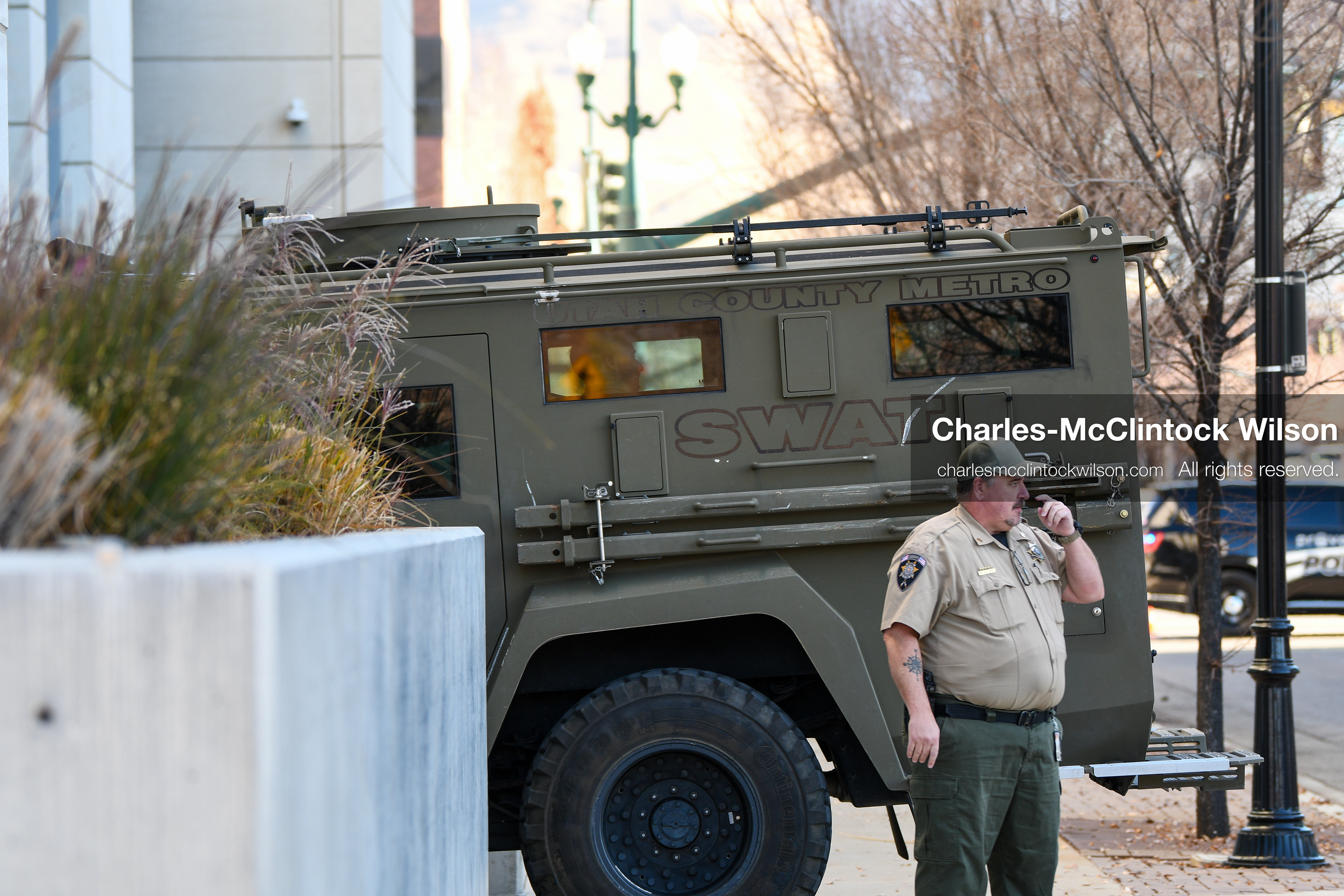 PROVO, UTAH, USA – DECEMBER 11, 2025: An armored vehicle marked SWAT arrives outside the Fourth District Court in Provo, Utah, transporting Tyler Robinson for his first in‑person court appearance in the Charlie Kirk murder case. (Credit Image: © Charles‑McClintock Wilson/ZUMA Press Wire)