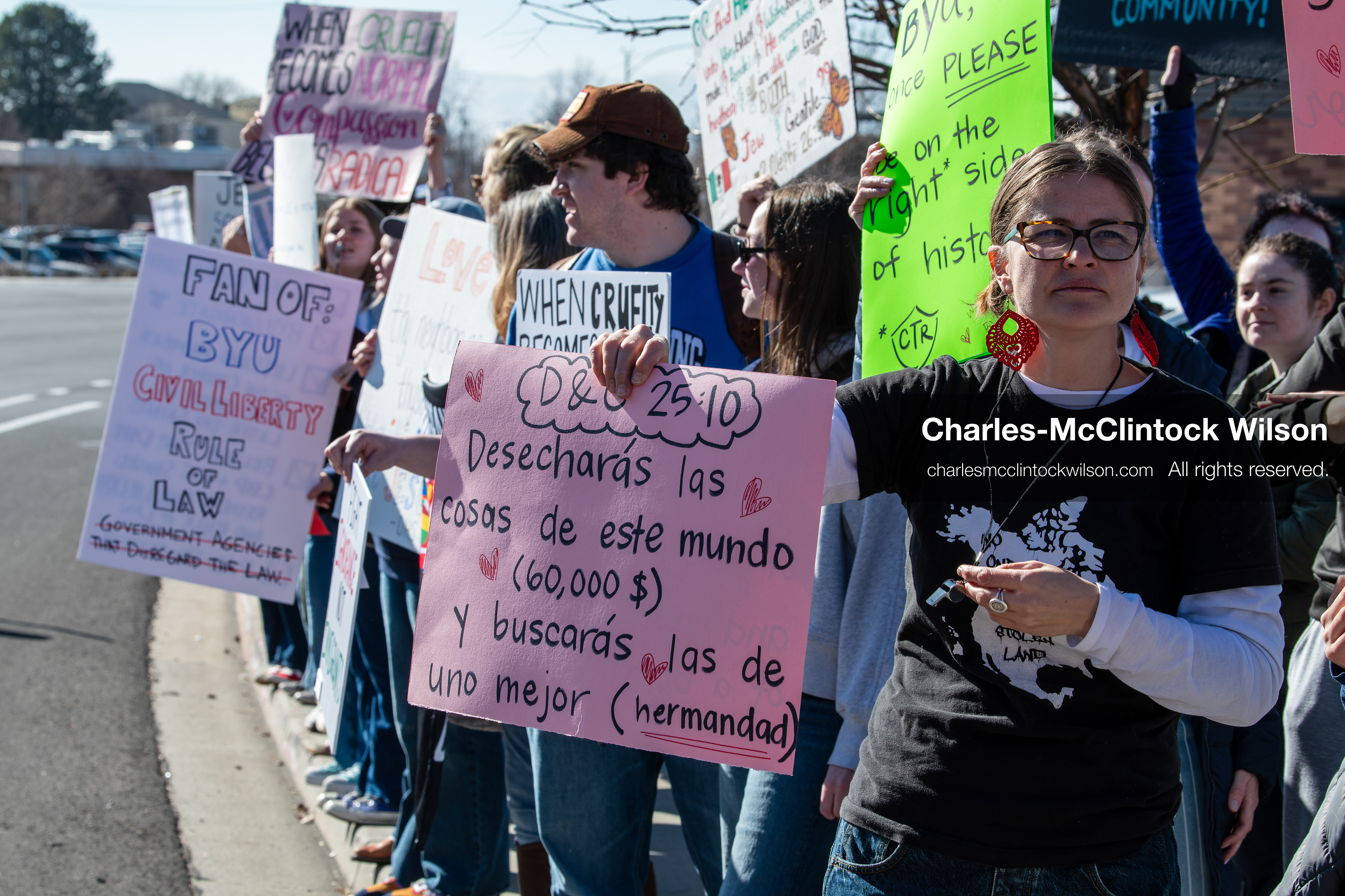 February 5, 2026, Provo, Utah, USA: Students and community members gather near Brigham Young University in Provo to demonstrate against the presence of US Customs and Border Protection recruiters at a career fair held on the BYU campus. (Credit Image: © Charles McClintock Wilson/ZUMA Press Wire)