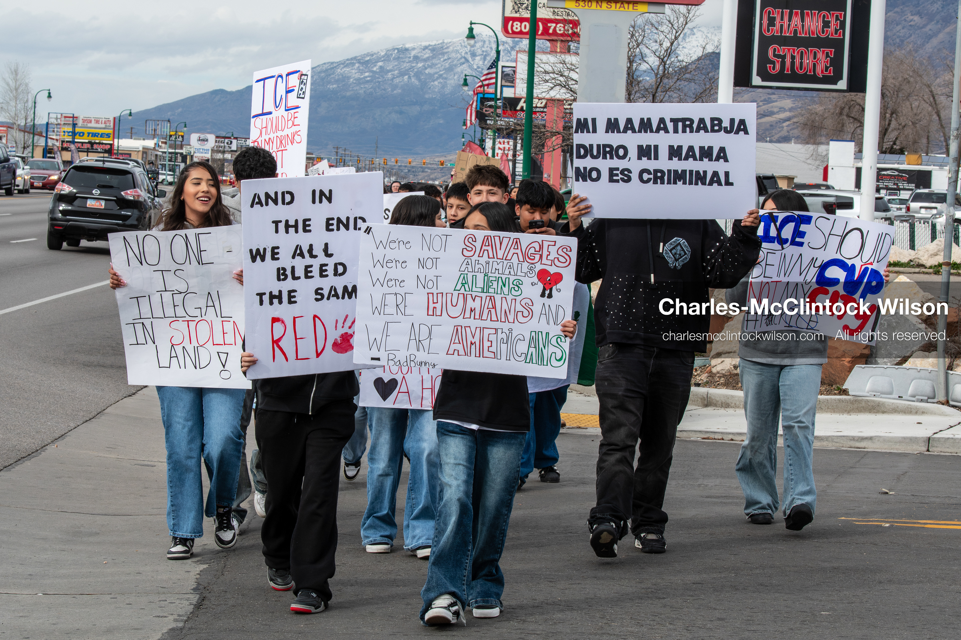 February 11, 2026, Orem, Utah, USA: Students march along State Street during a student‑led protest involving participants from multiple Orem schools. (Credit Image: © Charles‑McClintock Wilson/ZUMA Press Wire)
