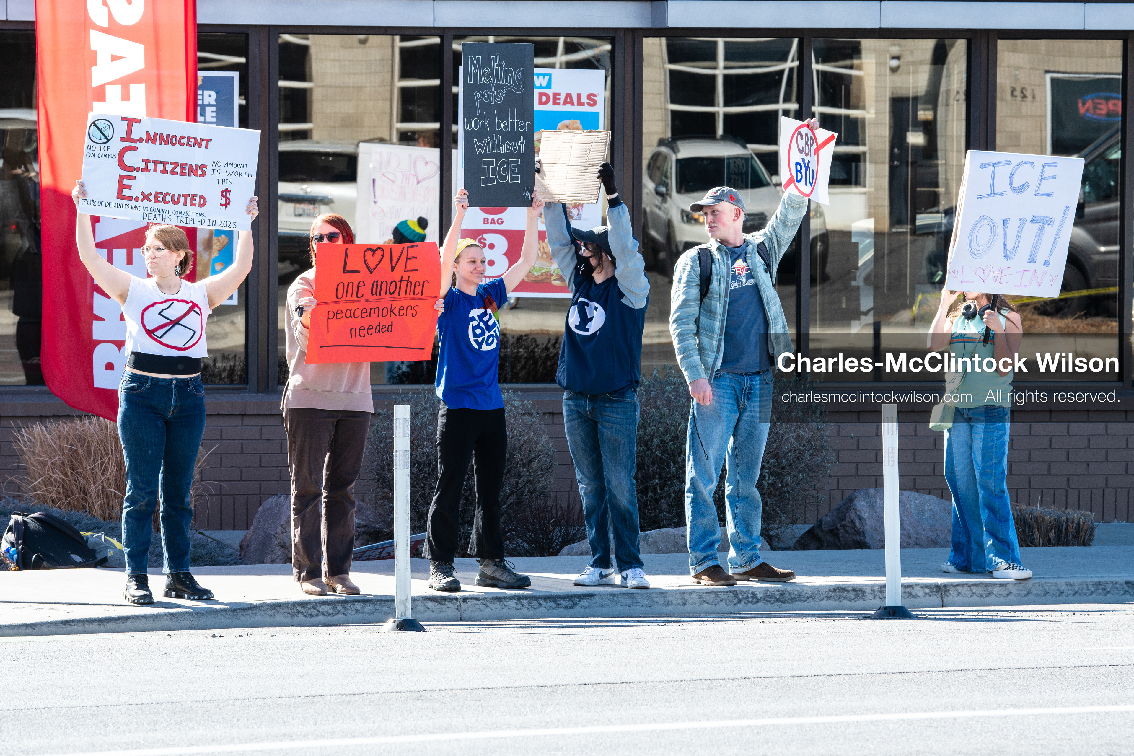 February 5, 2026, Provo, Utah, USA: Students and community members gather near Brigham Young University in Provo to demonstrate against the presence of US Customs and Border Protection recruiters at a career fair held on the BYU campus. (Credit Image: © Charles McClintock Wilson/ZUMA Press Wire)