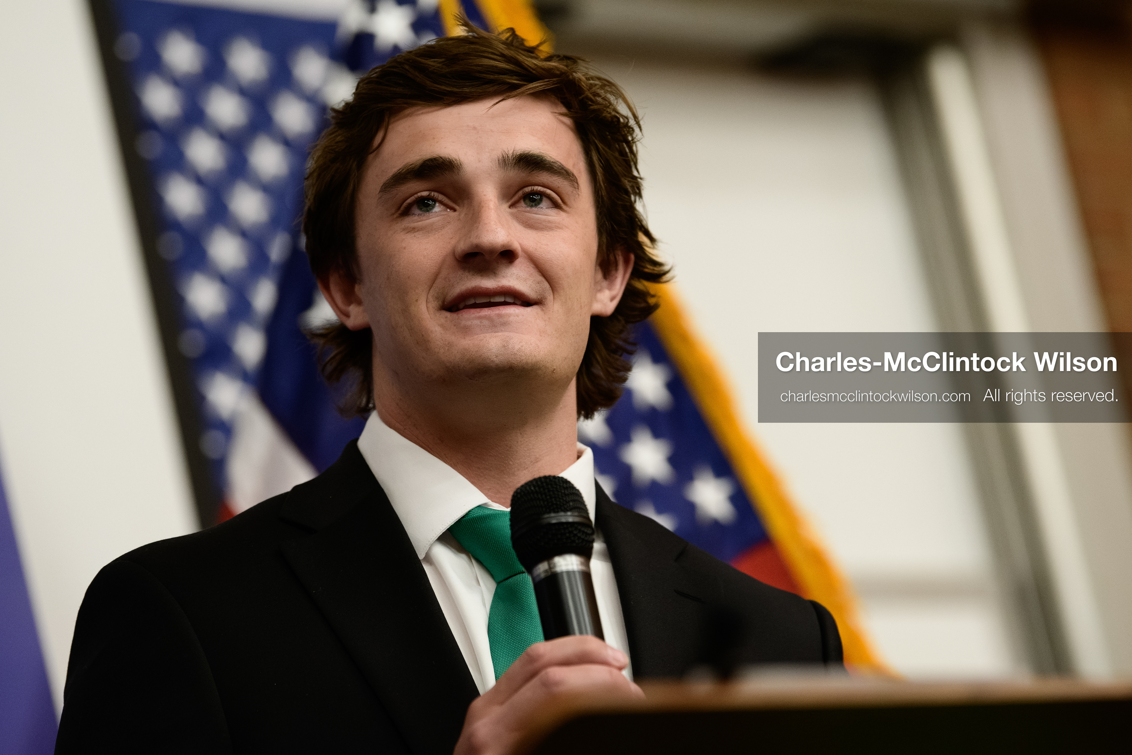 Salt Lake City, Utah, USA — US YouTuber Nick Shirley speaks during a “Learing Tour” event organized by the Utah Federation of College Republicans at the University of Utah, April 10, 2026. (Credit Image: © Charles-McClintock Wilson/ZUMA Press Wire)