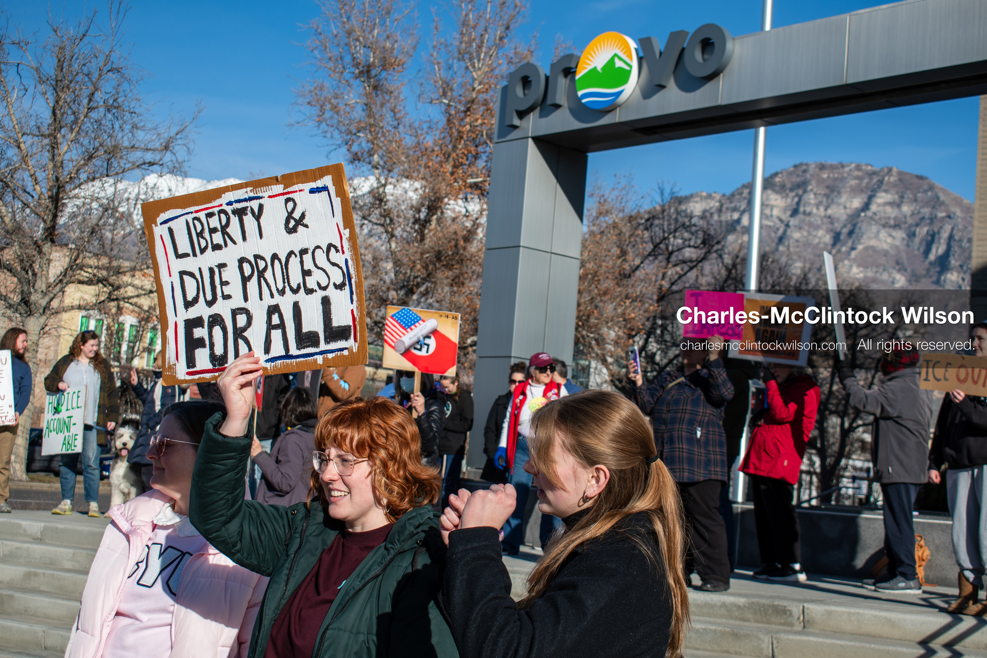January 20, 2026, Provo, Utah, USA: Protesters gather outside Provo City Hall during the Free America Walkout protest in Provo, Utah, on January 20, 2026. Demonstrators held signs calling for justice, immigration reform, and an end to detention practices. (Credit Image: © Charles-McClintock Wilson/ZUMA Press Wire)