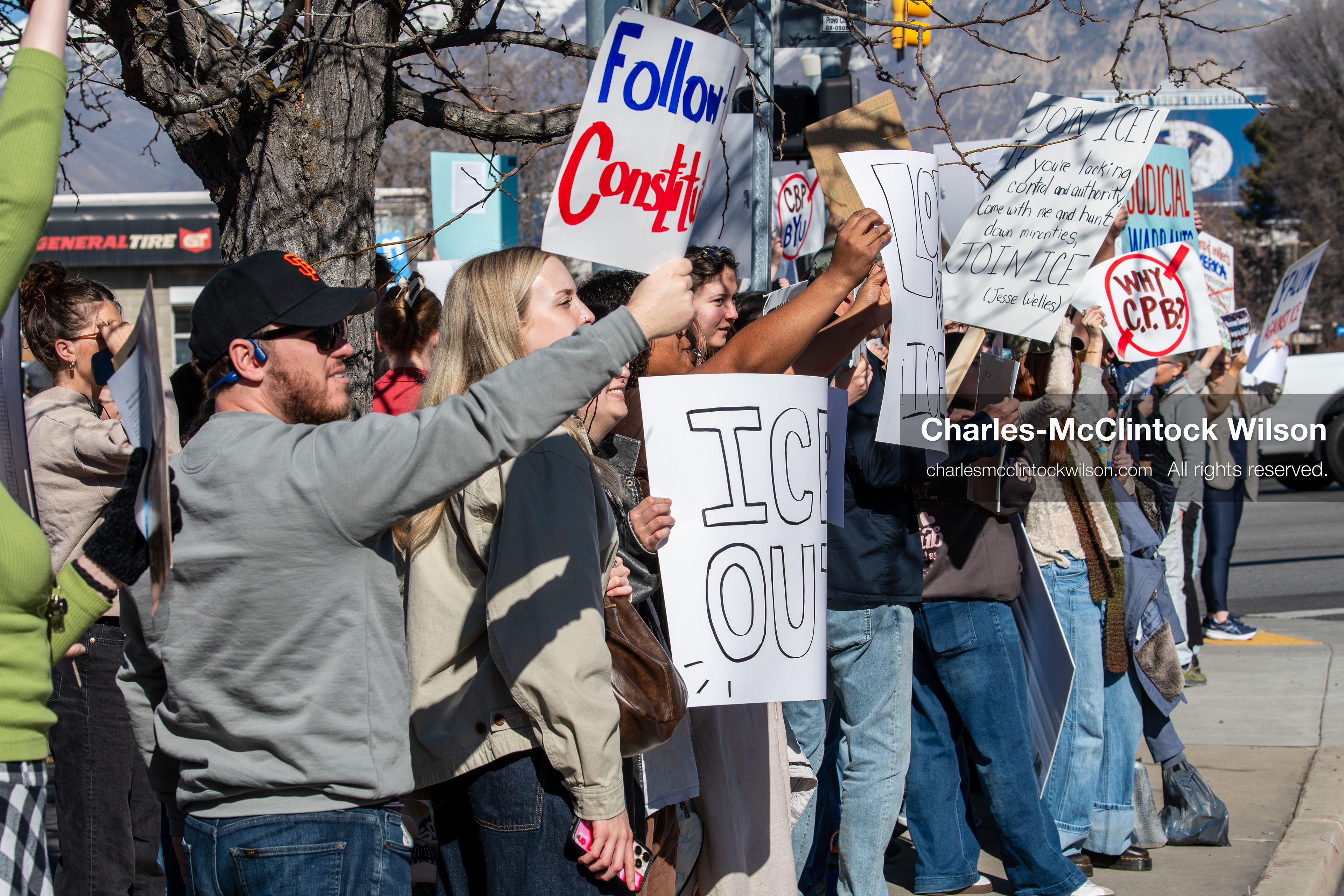 February 5, 2026, Provo, Utah, USA: Students and community members gather near Brigham Young University in Provo to demonstrate against the presence of US Customs and Border Protection recruiters at a career fair held on the BYU campus. (Credit Image: © Charles McClintock Wilson/ZUMA Press Wire)